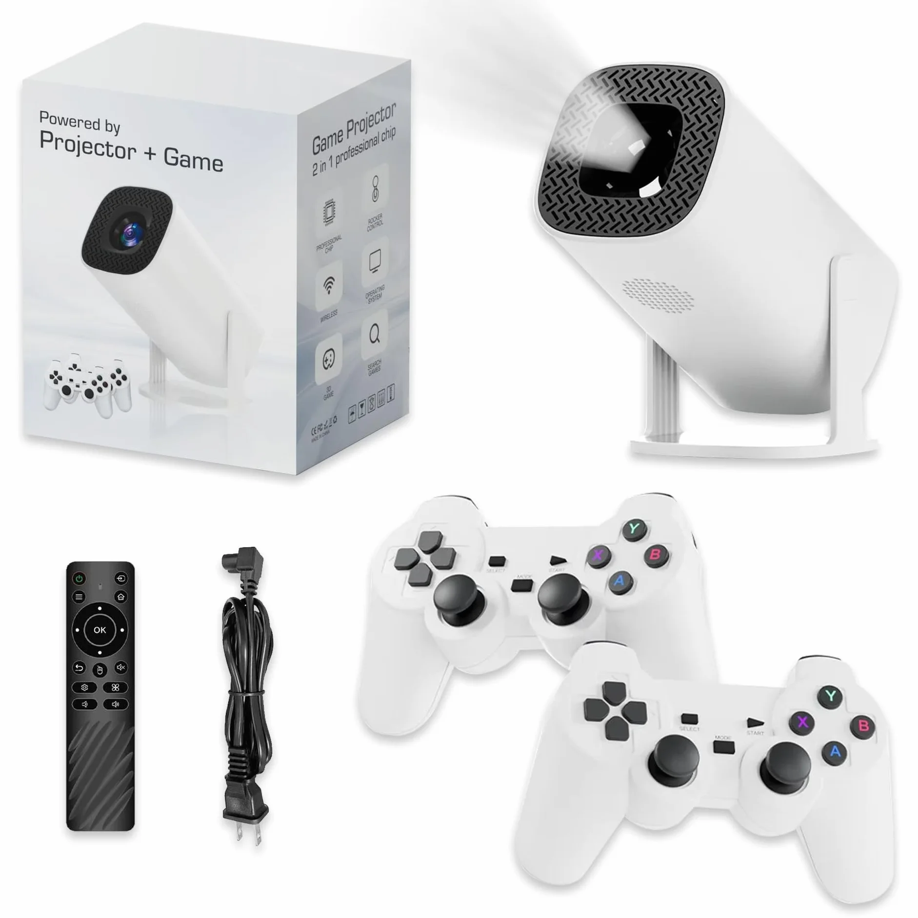 Nowa konsola do gier retro P30 z projektorem, przenośny projektor 4K HD z ponad 36 000 grami, Plug and Play, do gier wideo, inteligentny projektor z bezprzewodowymi kontrolerami 2,4 g, Android TV 11.0