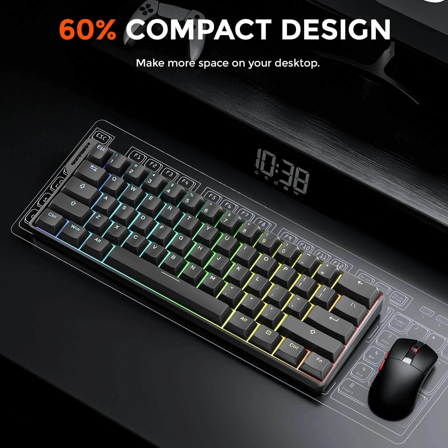 DAREU EK60 HE Klawiatura do gier 8K Hz Rapid Trigger 60% przewodowa | klawiatura magnetyczna ze zdejmowanym paskiem ozdobnym, dokładność 0,01 mm RT, przełączniki Halla, RGB, do PC/Mac