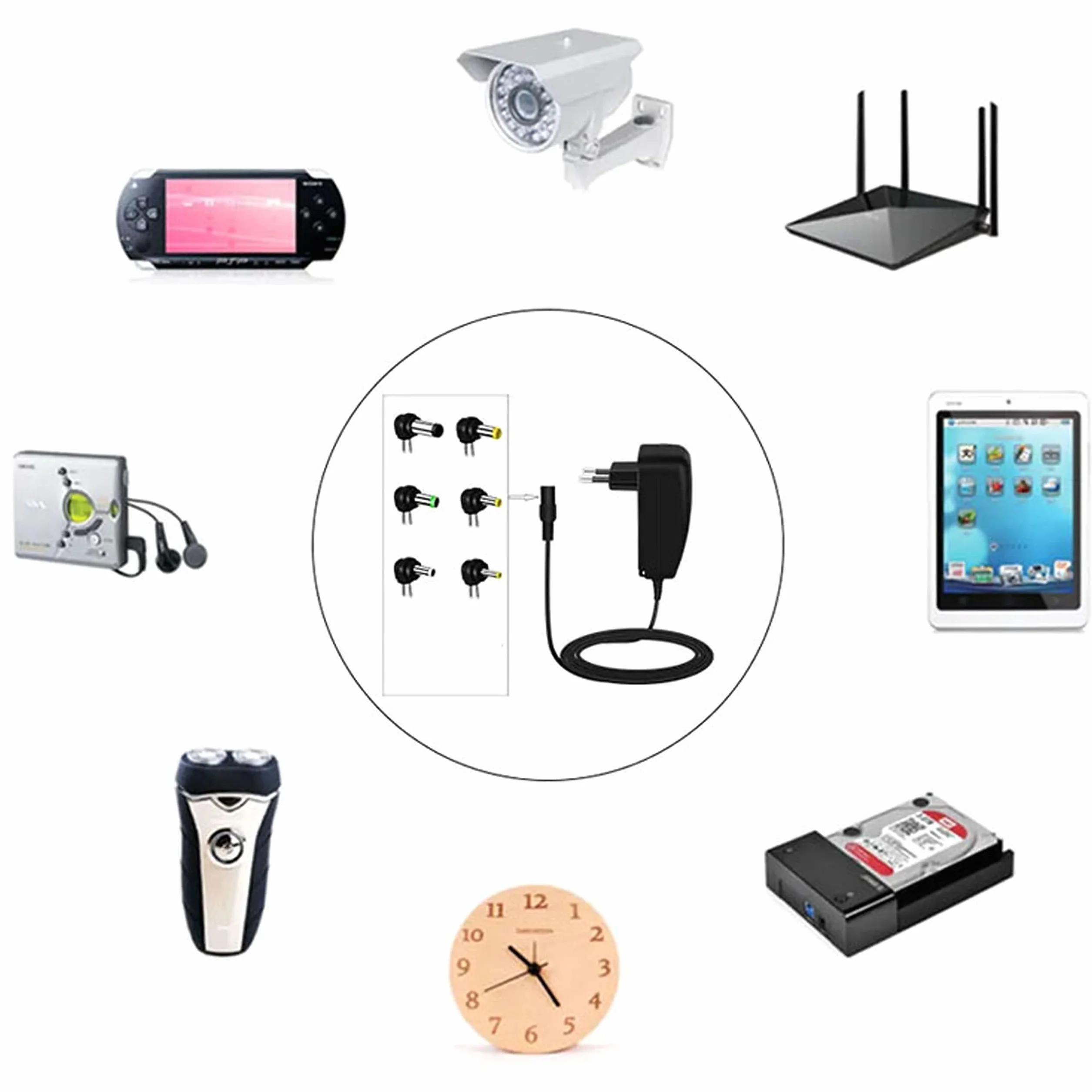 Retoo Uniwersalny zasilacz AC 12 V, uniwersalny zasilacz 30 W, 6 wyjmowanych gniazd, regulowany zasilacz do urządzeń elektronicznych 3-12 V i taśm LED, adapter do