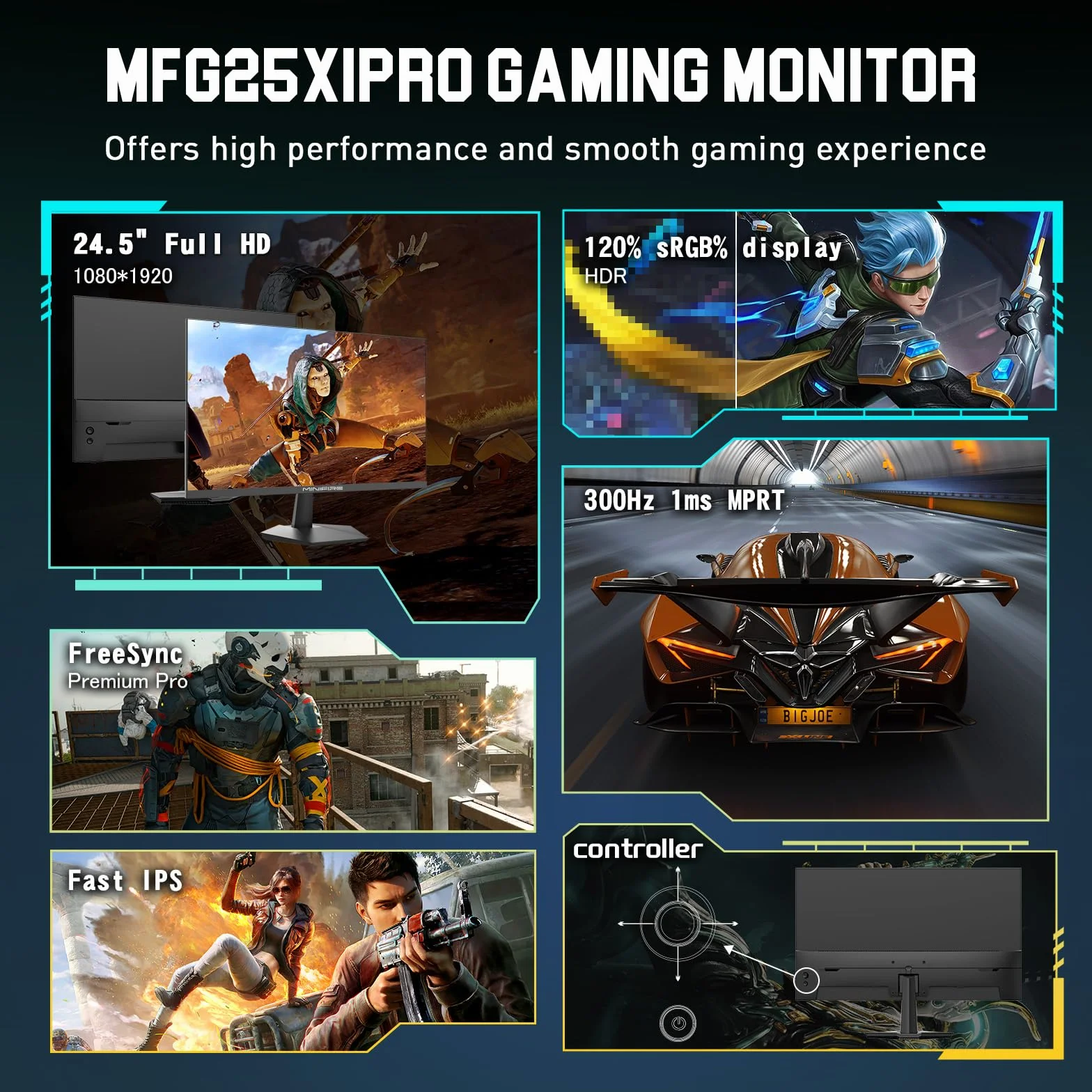 Minifire Monitor gamingowy 24,5", 300 Hz, 1Ms, FHD 1080P, bezramkowy ekran, FreeSync, panel IPS, HDR Ready, sRGB 120%, Eye-Care, HDMI 2.1 i DisplayPort 1.4, VESA 75 x 75 -czarny