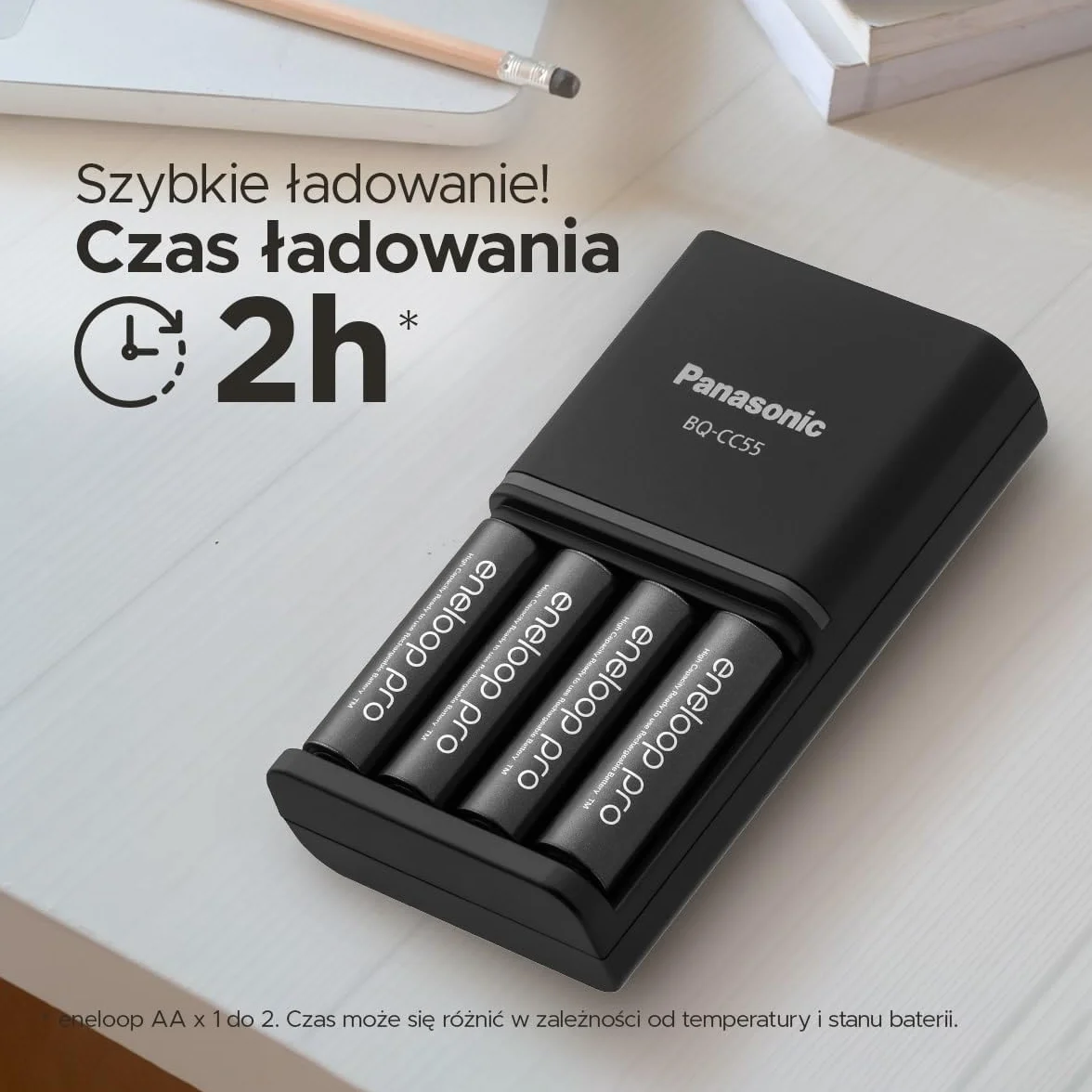 Ładowarka Panasonic eneloop SmartPlus do 1–4 akumulatorów AA/AAA Ni-MH z 4 wskaźnikami LED i 10 funkcjami bezpieczeństwa, w zestawie z 4 akumulatorami eneloop AA/Mignon, min. 2500 mAh, czarna