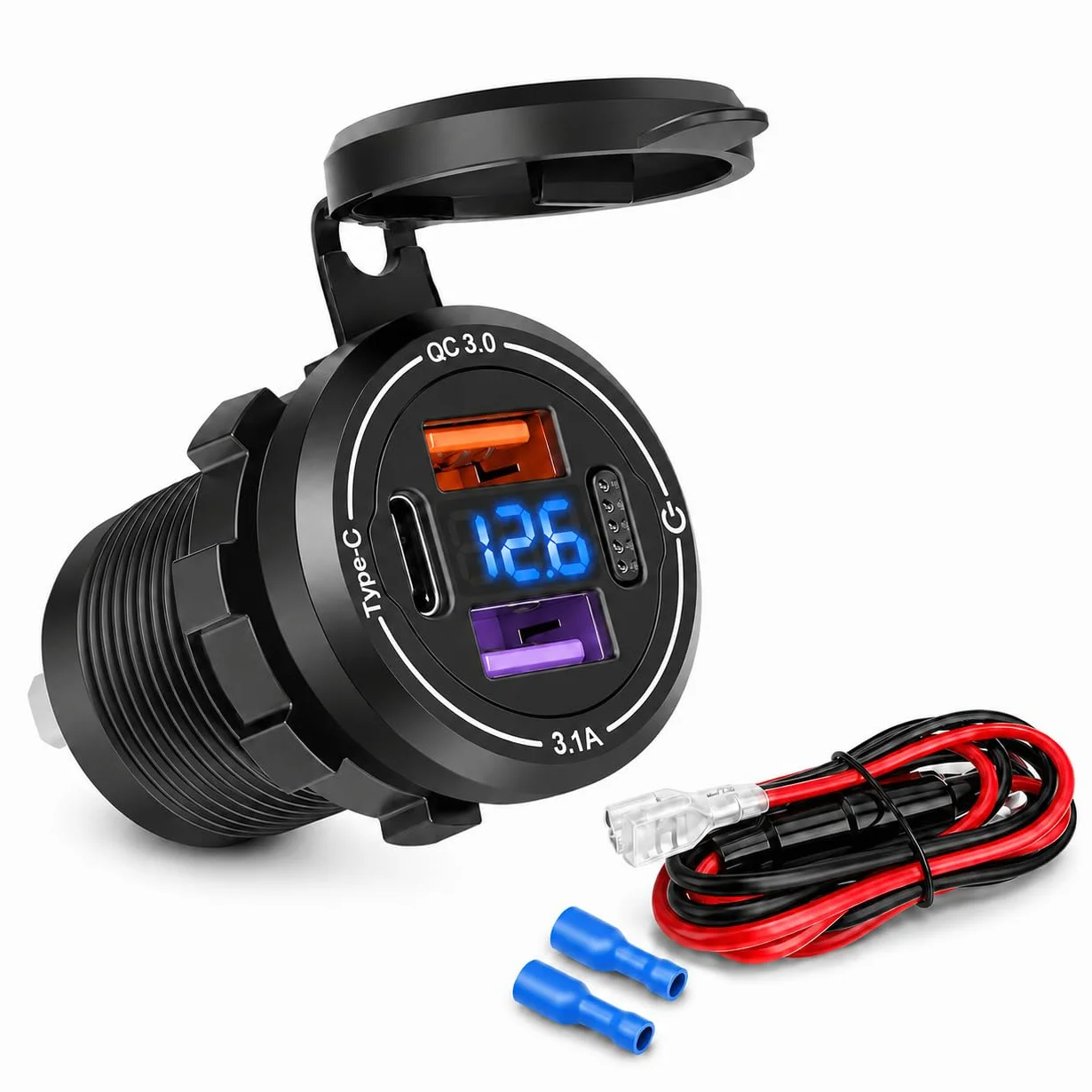 Linkstyle Ładowarka samochodowa USB, 15 W, 22 W, złącza QC i 30 W PD, gniazdo USB z przełącznikiem przyciskowym 12 V/24 V, do kampera, łodzi, motocykla, samochodu