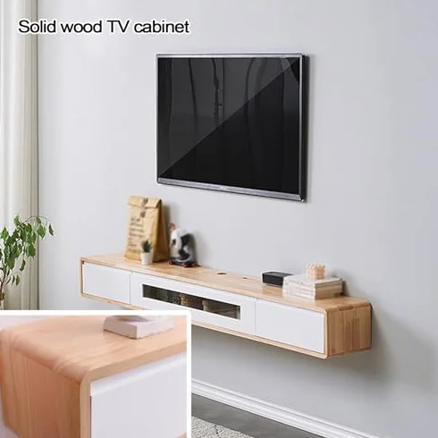 Pływający stojak pod telewizor do salonu, szafka pod telewizor z litego drewna ze szklanymi drzwiami, przestronne miejsce do przechowywania, mocne nośność, nowoczesne centrum rozrywki do sypialni i