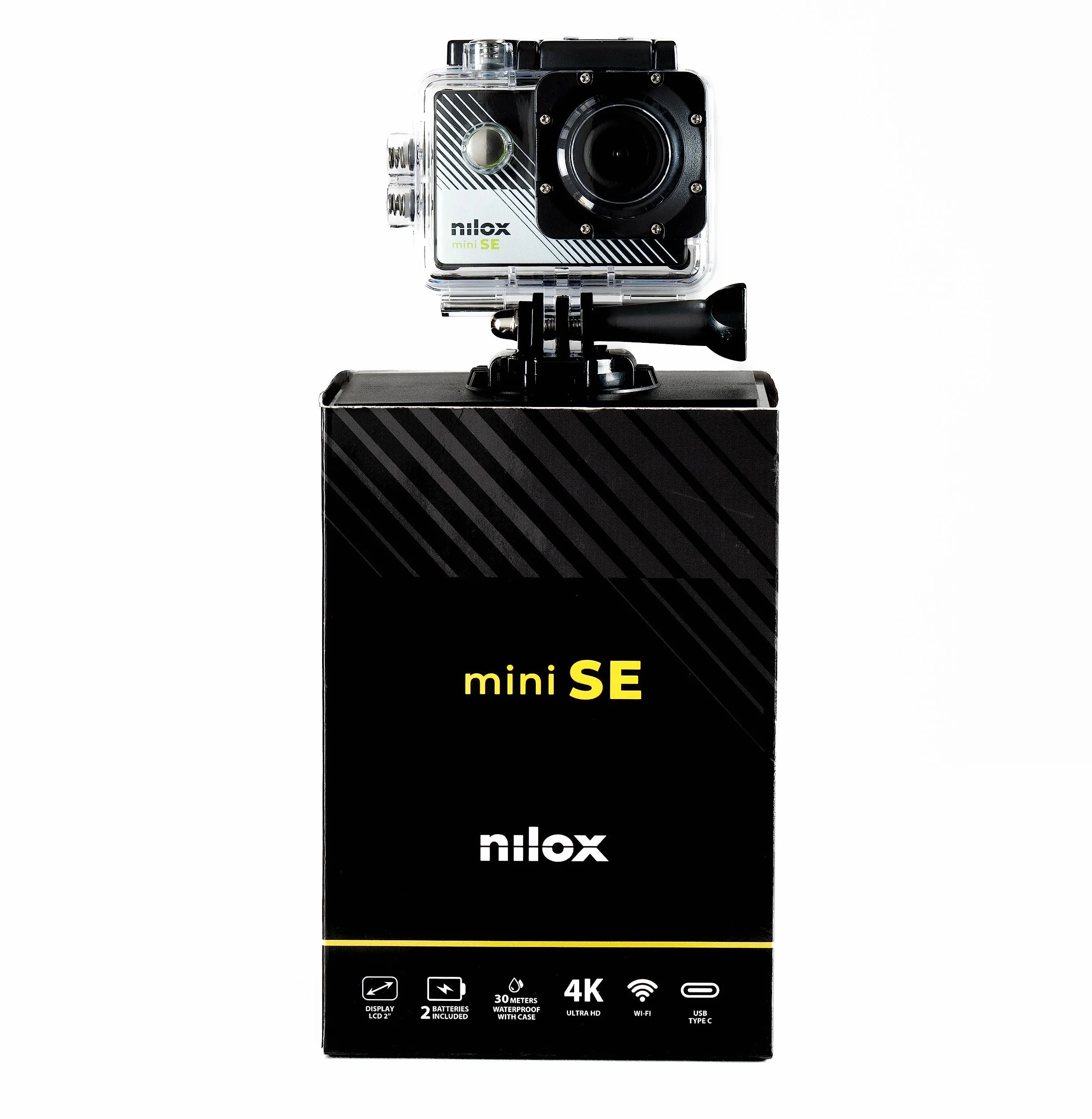 Nilox Action Cam Mini-SE, Action Cam 4k WiFi z rozdzielczością 4K/30 fps, elektroniczny stabilizator, ekran 2" LCD, pamięć 64 GB, kąt widzenia 170°, z wodoodporną obudową do 30 m
