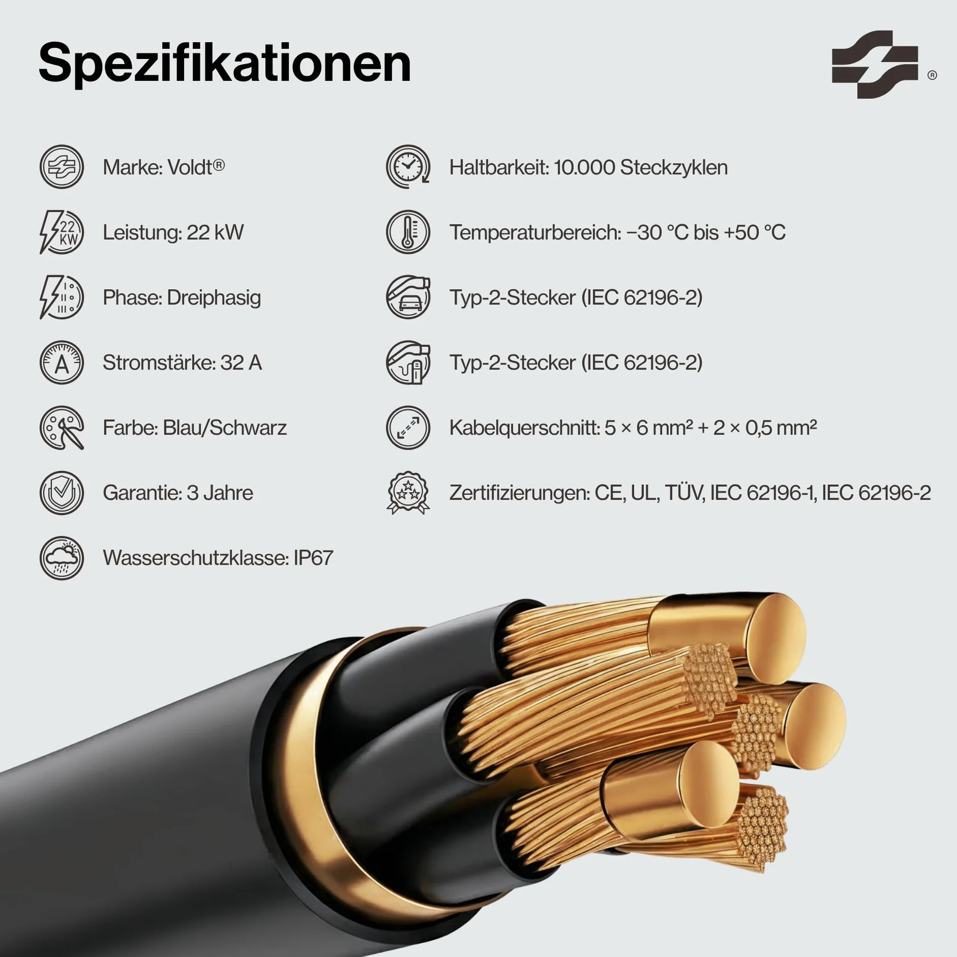 Voldt typ 2 kabel do ładowania 22 kW 32 A, 3-fazowy dla samochodów elektrycznych EV PHEV, kabel ładujący typ 2 do typu 2 Modus 3, odpowiedni dla modeli S/X/Y/3, ID.4, E-Tron, e-208, I4, IX1, Zoe itp