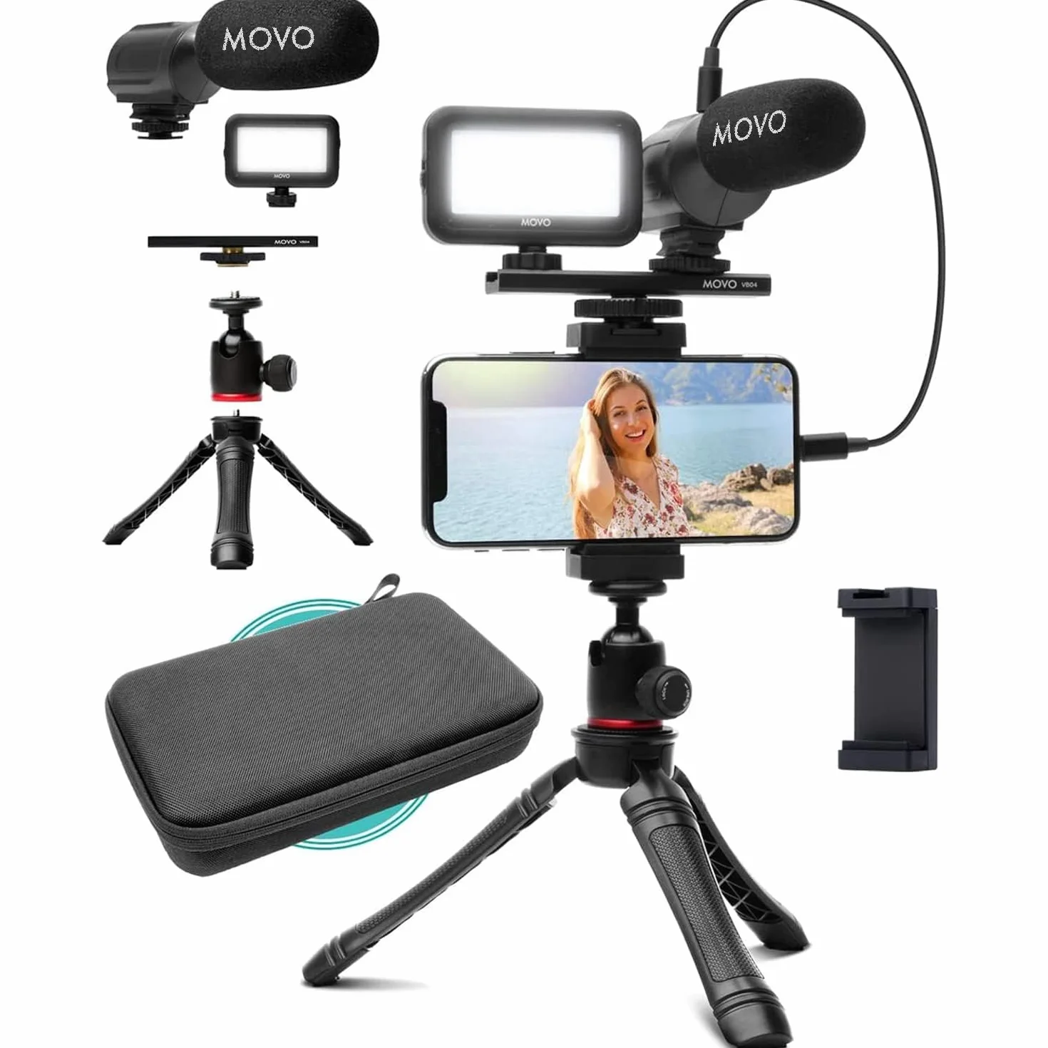 Movo iVlogger Zestaw do iPhone'a: Zestaw do vlogowania kompatybilny z Lightning - Akcesoria: Mikrofon kierunkowy, światło LED, statyw do telefonu i uchwyt na telefon - do Youtube