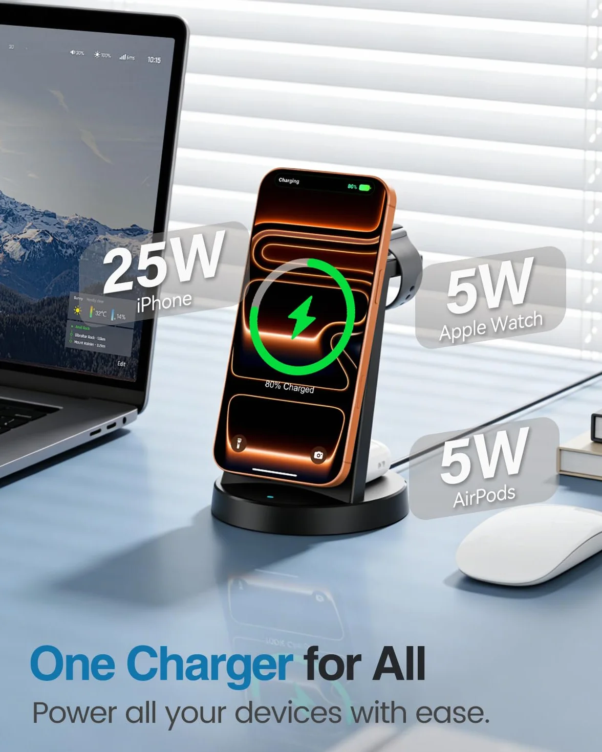Magnetyczna bezprzewodowa stacja ładująca 3 w 1 25 W do wielu urządzeń Apple: stojak do szybkiej ładowarki Qi2.2 do iPhone'a Air 17, 16, 15, 14, 13, 12 Pro Max, Apple Watch i AirPods, idealny do