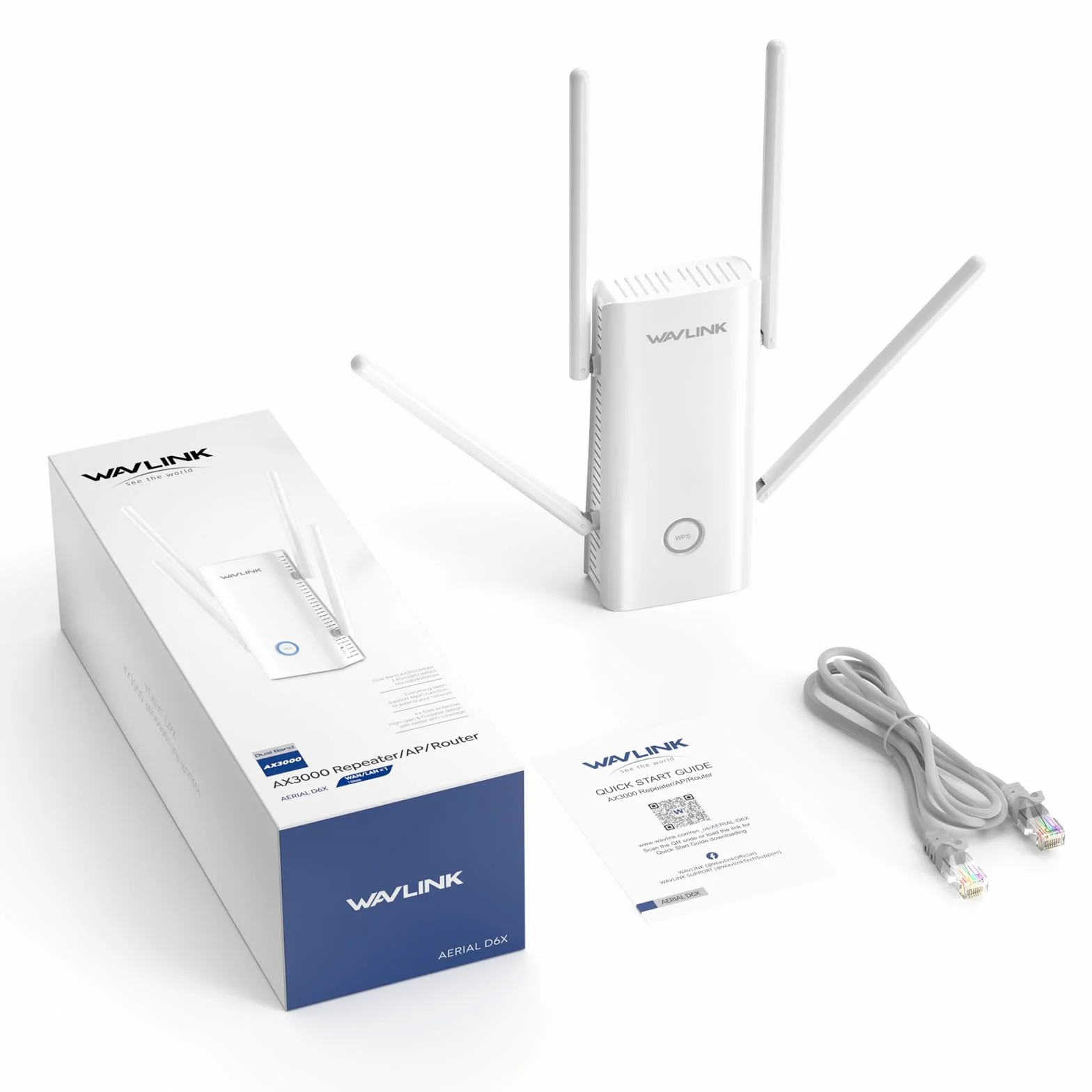 WAVLINK AX3000 dwupasmowy wzmacniacz zasięgu Wi-Fi 6, wzmacniacz przedłużający WiFi, wzmacniacz WiFi z portem gigabitowym, anteny 4 x 5 dBi, obsługa wzmacniacza, AP/routera/siatki, łatwa konfiguracja,