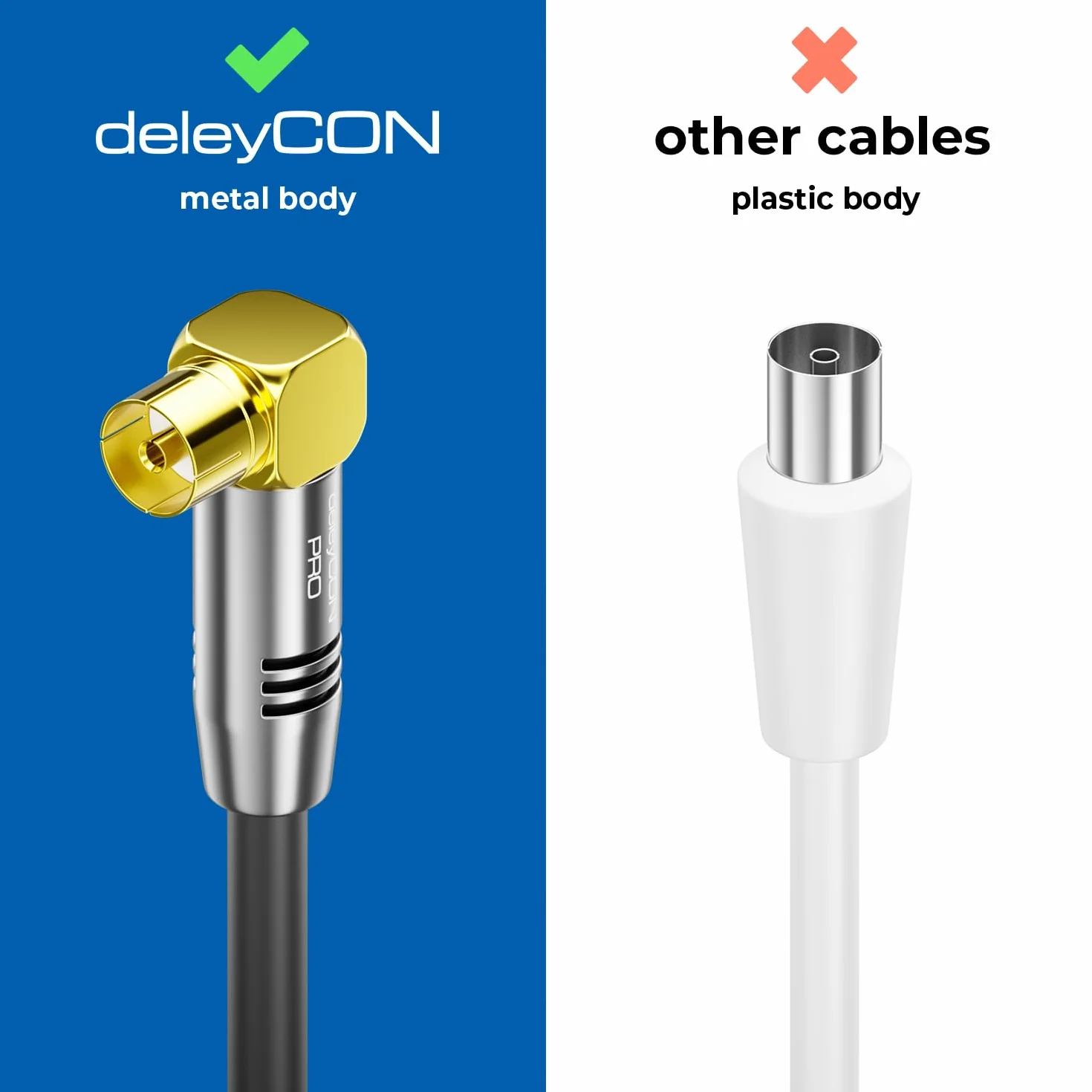 deleyCON 3,0m Kabel Antenowy TV 4K - 4K Ultra HD Full HD HDTV - 2x Kątowy - Kabel Koncentryczny - Wtyk IEC (90°) do Gniazda IEC (90°) - Metalowe Złącza - Czarny