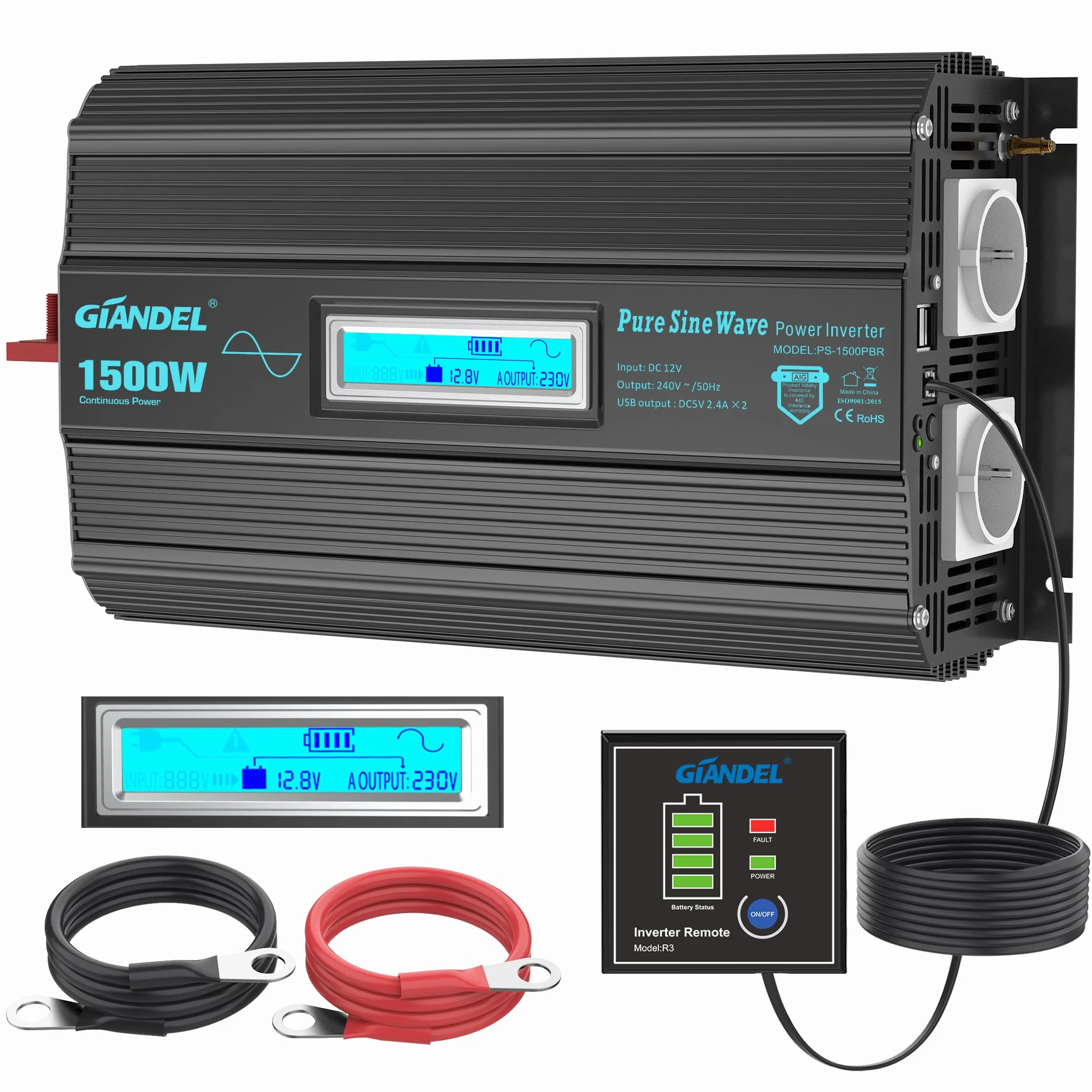 GIANDEL Falownik 1500 W, 12 V na 230 V, czysta sinusoidalna przetwornica napięcia z magnetycznym pierścieniem z ekranem LCD, pilot zdalnego sterowania, kabel do akumulatora z czystej miedzi, do domu