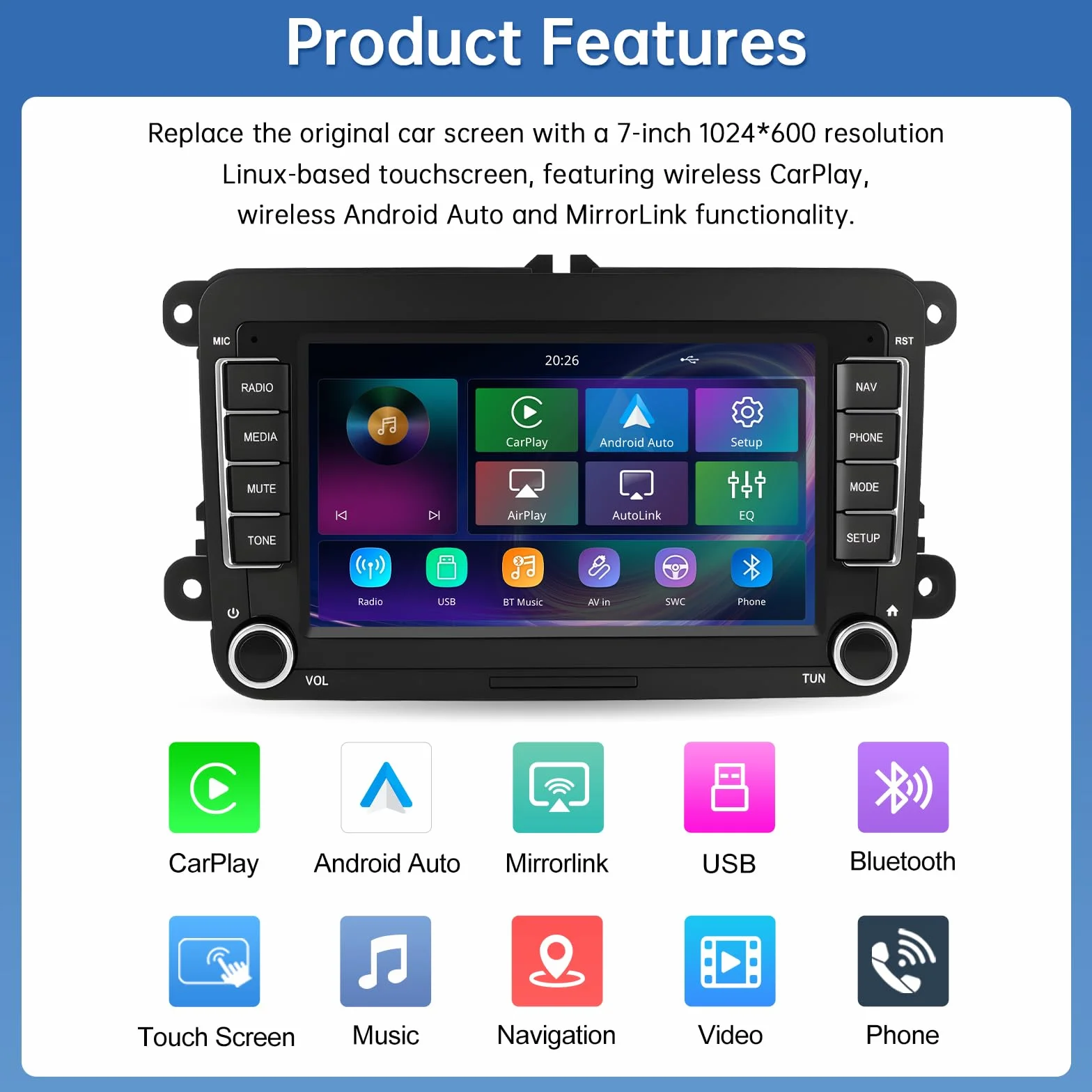 Road Top Ekran CarPlay, 7-calowy ekran dotykowy Linux Autoradio dla VW/Volkswagen/Skoda/Seat, Odbiornik radiowy z Wireless CarPlay/Android Auto/Mirrorlink, z Siri/Nawigacja Multimedia Stereo