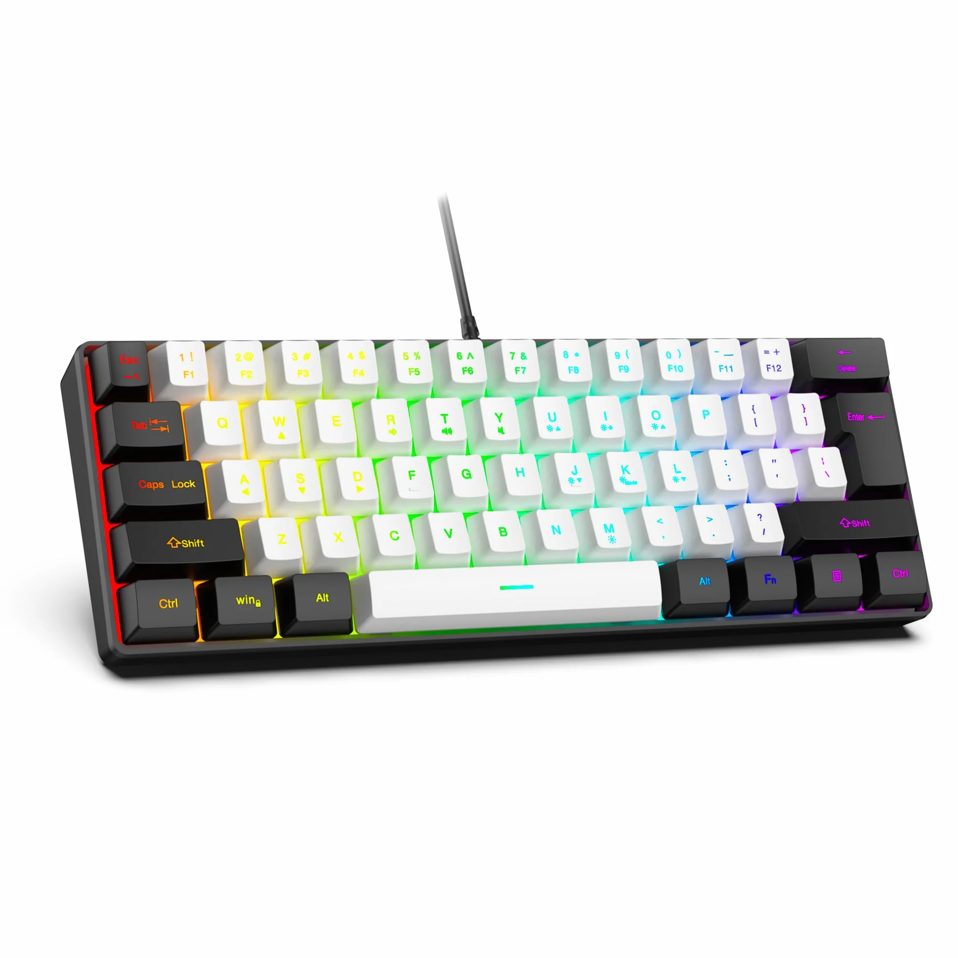 61-klawiszowa kompaktowa klawiatura do gier RGB, układ 60%, kompatybilna z USB-A i typu C, ergonomiczne klawisze membranowe, 8-kolorowe podświetlenie, Plug & Play, do PC/laptopa (Windows 10/8/7)