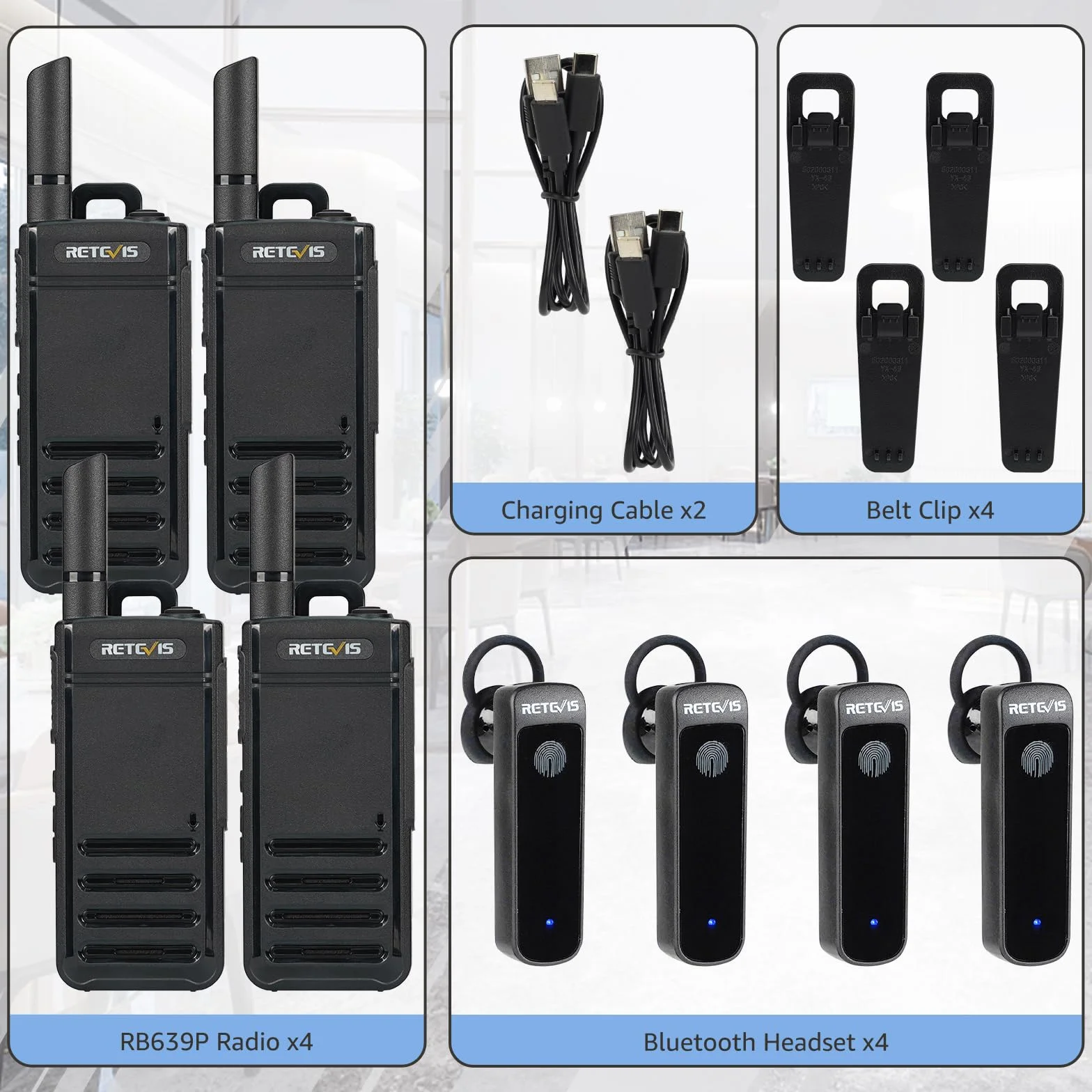 Retevis RB639P Walkie Talkie dla dorosłych, mini dwukierunkowe radio ze słuchawkami, VOX, USB-C, PMR446 Profesjonalne radio dwukierunkowe do restauracji (czarny, 4 szt)