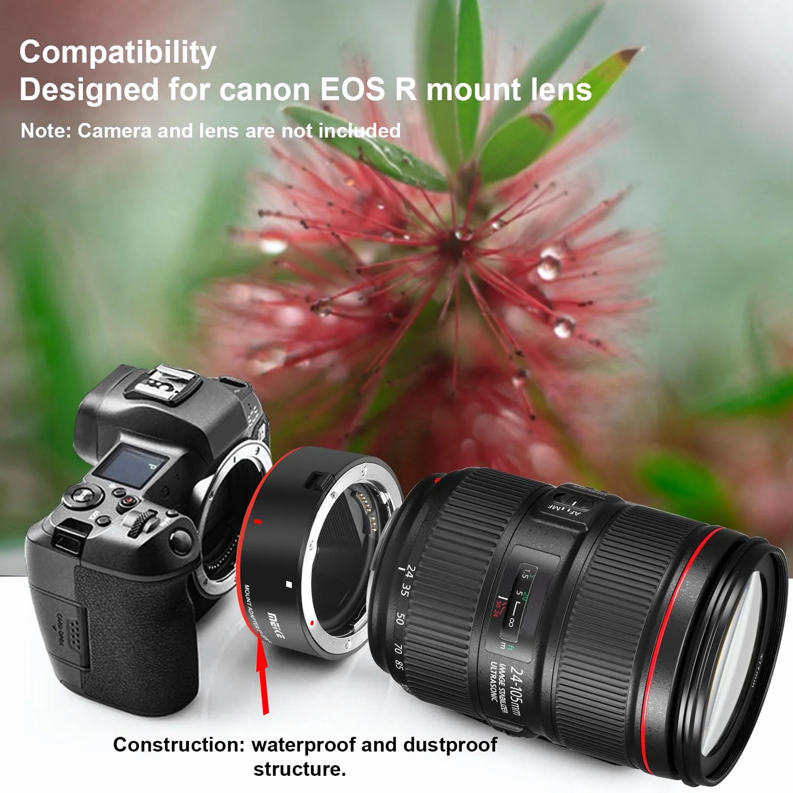 Meike Metalowy adapter obiektywu EF-EOSR, konwerter, z autofokusem, do aparatów Canon EF/EF-S, EOS-R, EOS-RP, R5, R6, R7, R10, C70 i RED