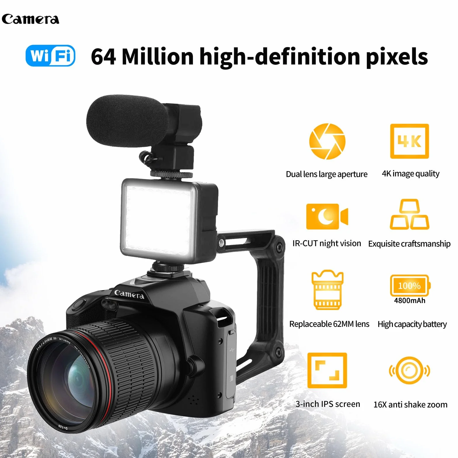 Cyfrowy Aparat Fotograficzny, Kamera do Vlogowania 4K 64MP na YouTube z Wi-Fi, 3-calowy Aparat do Selfie z Tyłu i Przodu, 16-krotny Zoom Cyfrowy, Obiektyw Makro 62 Mm, 4000 MAh