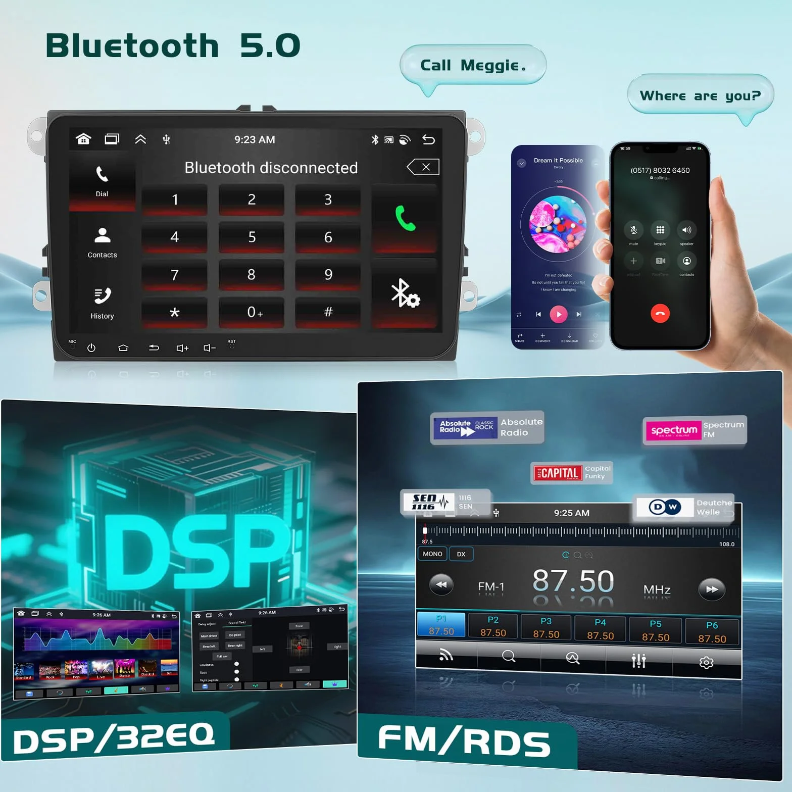 8 Core 6G + 128G DSP Hikity Android 15 radio samochodowe do VW Golf 5 6 Passat Tiguan Polo Caddy Seat, 9-calowy ekran dotykowy radio samochodowe z bezprzewodowym CarPlay Android Auto GPS WiFi RDS/FM