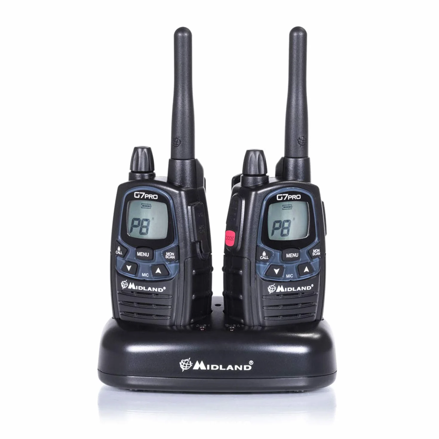 Midland G7 Pro C1090.13, Radio OdbiornikNadawczy Walkie Talkie 8 Kanałów PMR446, Baterie Ładowalne AA 800 mAh, Ładowarka Stacjonarna i Uchwyt Na Pas, 2 OdbiornikiNadawcze