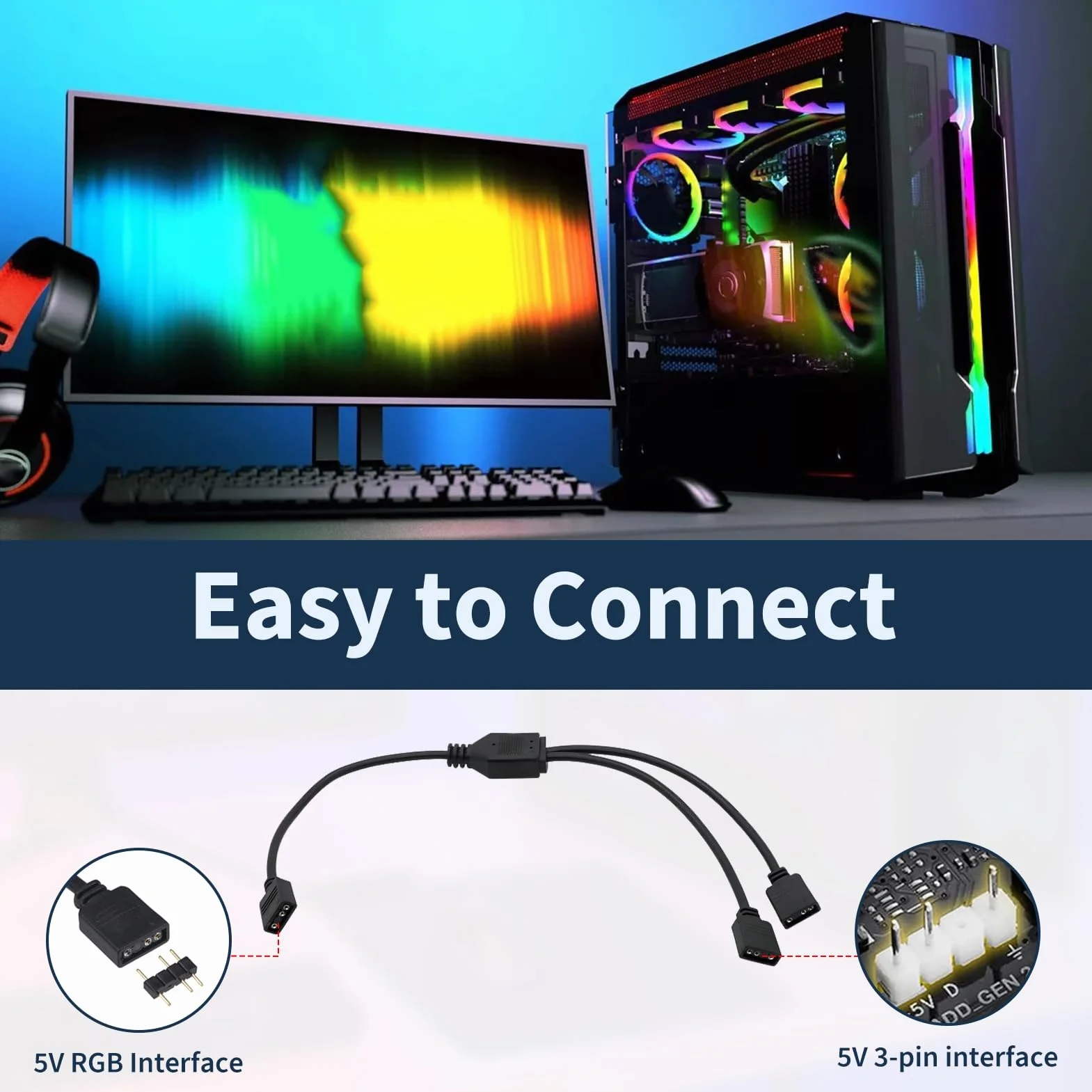 2 sztuki rozdzielaczy RGB 3-pinowy, rozdzielacz RGB Y, kabel rozdzielający ARGB, kabel rozdzielający LED Y do oświetlenia PC, rozszerzenie ARGB 5 V, kompatybilny z ASUS, MSI, ASRock, 30 cm, czarny
