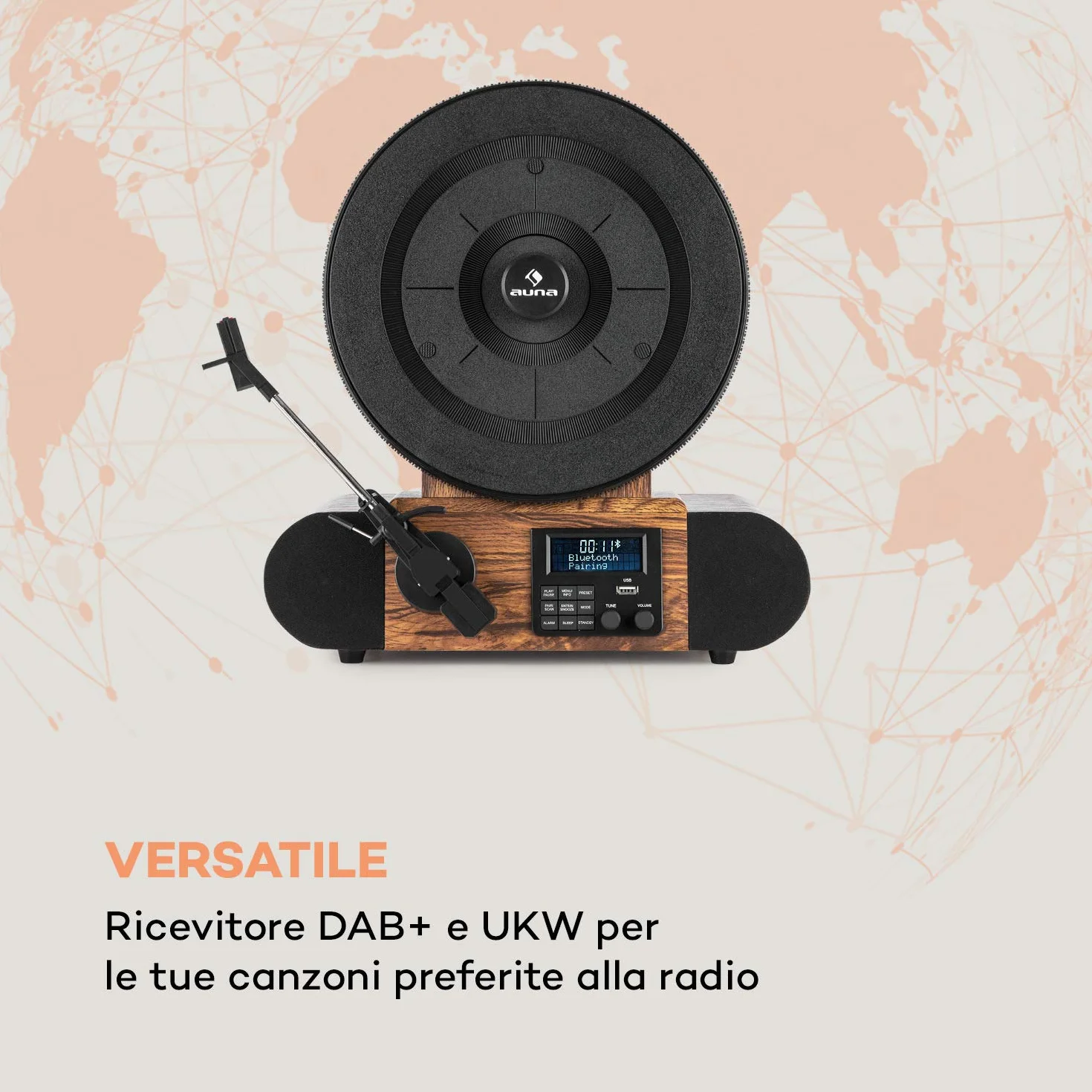 Auna Verticalo Retro Gramofon z Głośnikiem, Bluetooth, Radio DAB+, Odtwarzacz Winylowy, USB, Pionowy