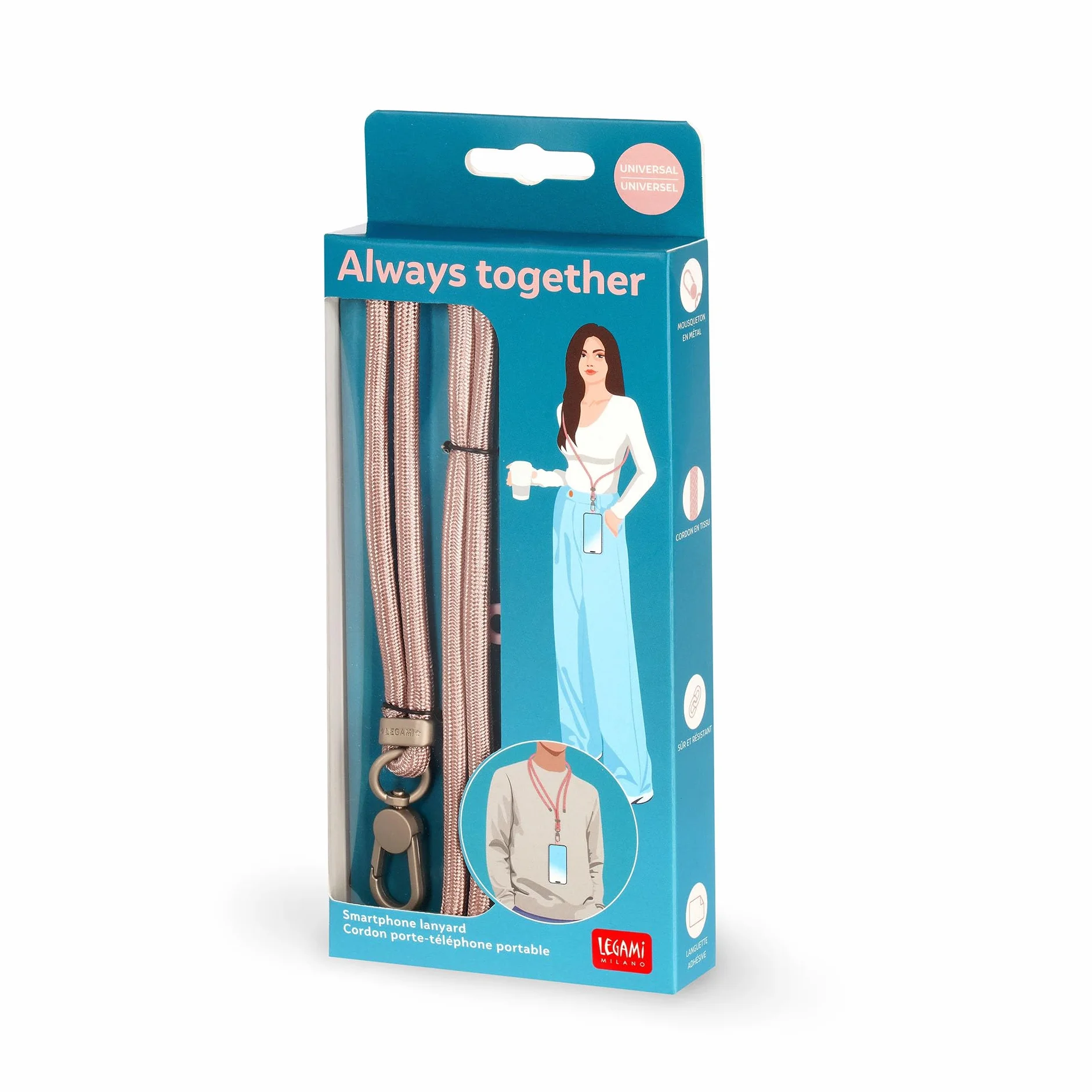 Legami - Smycz na telefon komórkowy Always Together, smartfon Laynard, regulowany sznurek z metalowym haczykiem, bezpieczne zamknięcie, naklejka, motyw różowo-złoty, 70 cm