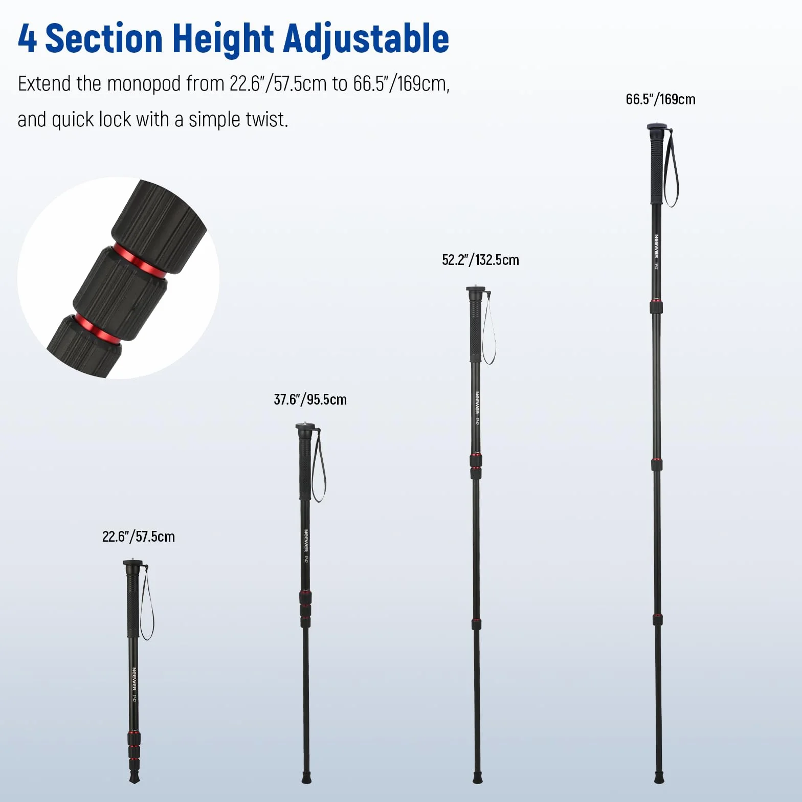 NEEWER Stojak monopod na aparat 168.9 cm, lekki aluminiowy monopod podróżny do lustrzanki cyfrowej, fotografii i nagrywania wideo, adapter śrubowy 1/10.2 cm i 3/20.3 cm, kij trekkingowy, maksymalne