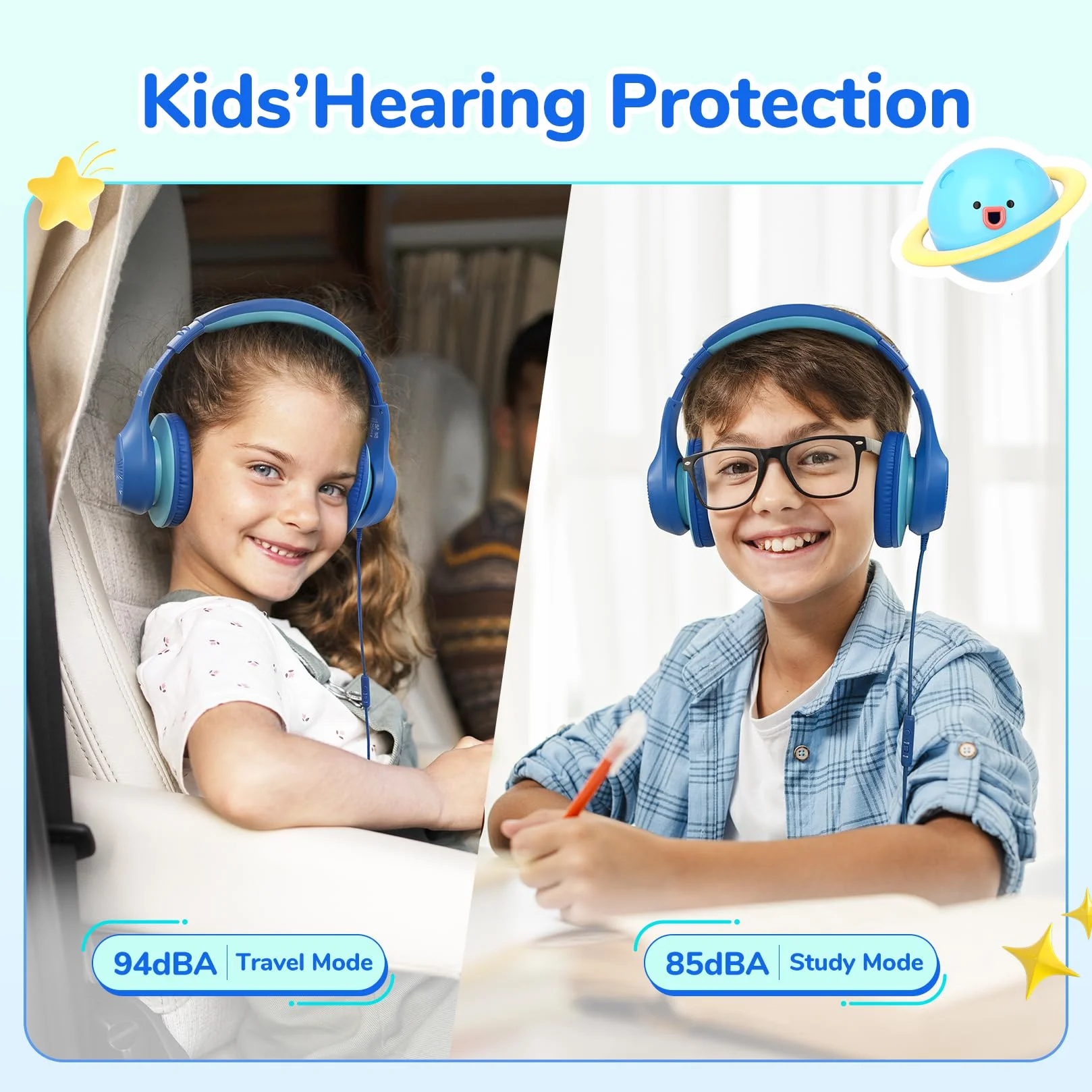 EarFun Słuchawki przewodowe dla dzieci, składane słuchawki nauszne z mikrofonami, bezpieczny limit głośności 85/94 dBA, dźwięk stereo HD, gniazdo 3,5 mm, słuchawki dla dzieci do szkoły, podróży