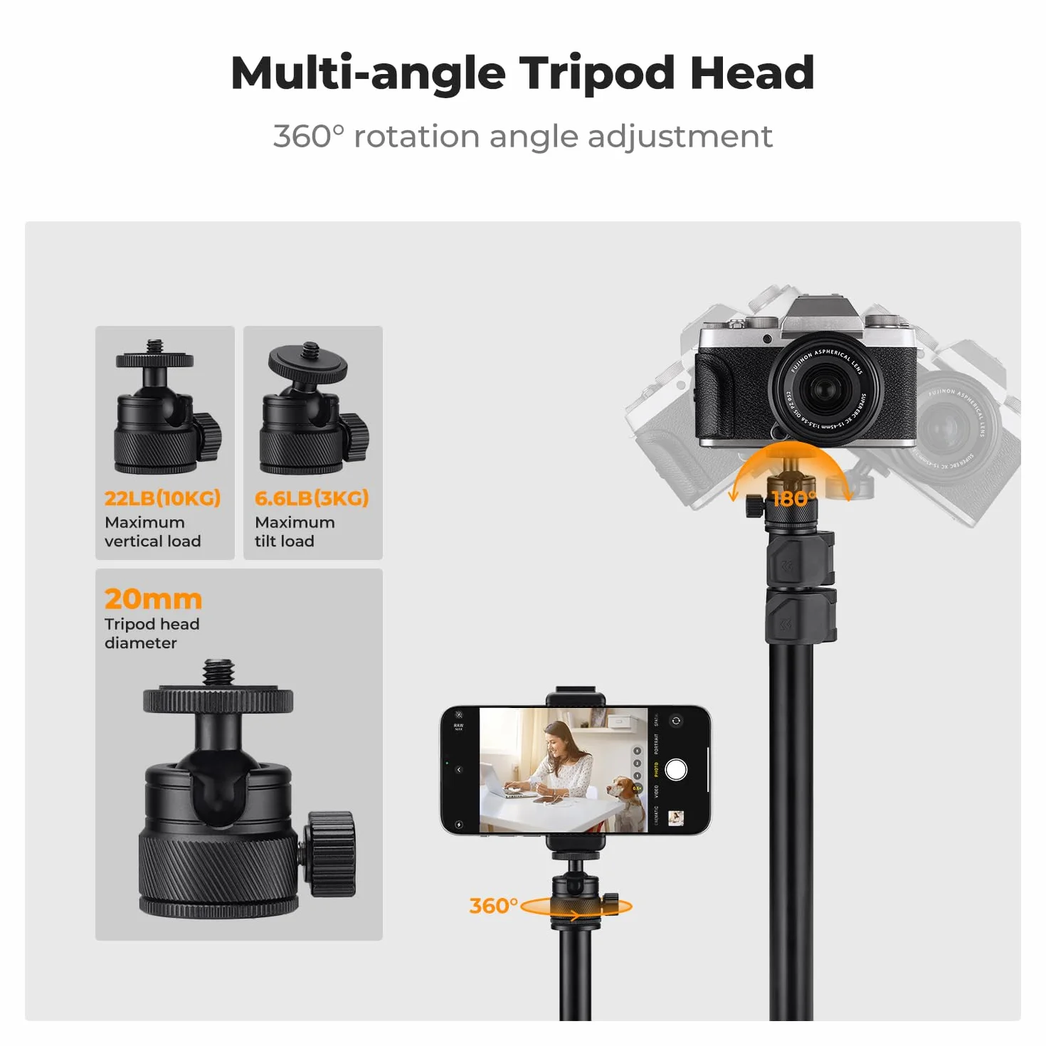 K&F Concept Uchwyt na biurko, uchwyt na aparat z kulą 360° i klipsem na telefon, regulowany uchwyt oświetleniowy 40,6–94 cm, uchwyt stołowy C, do lustrzanek