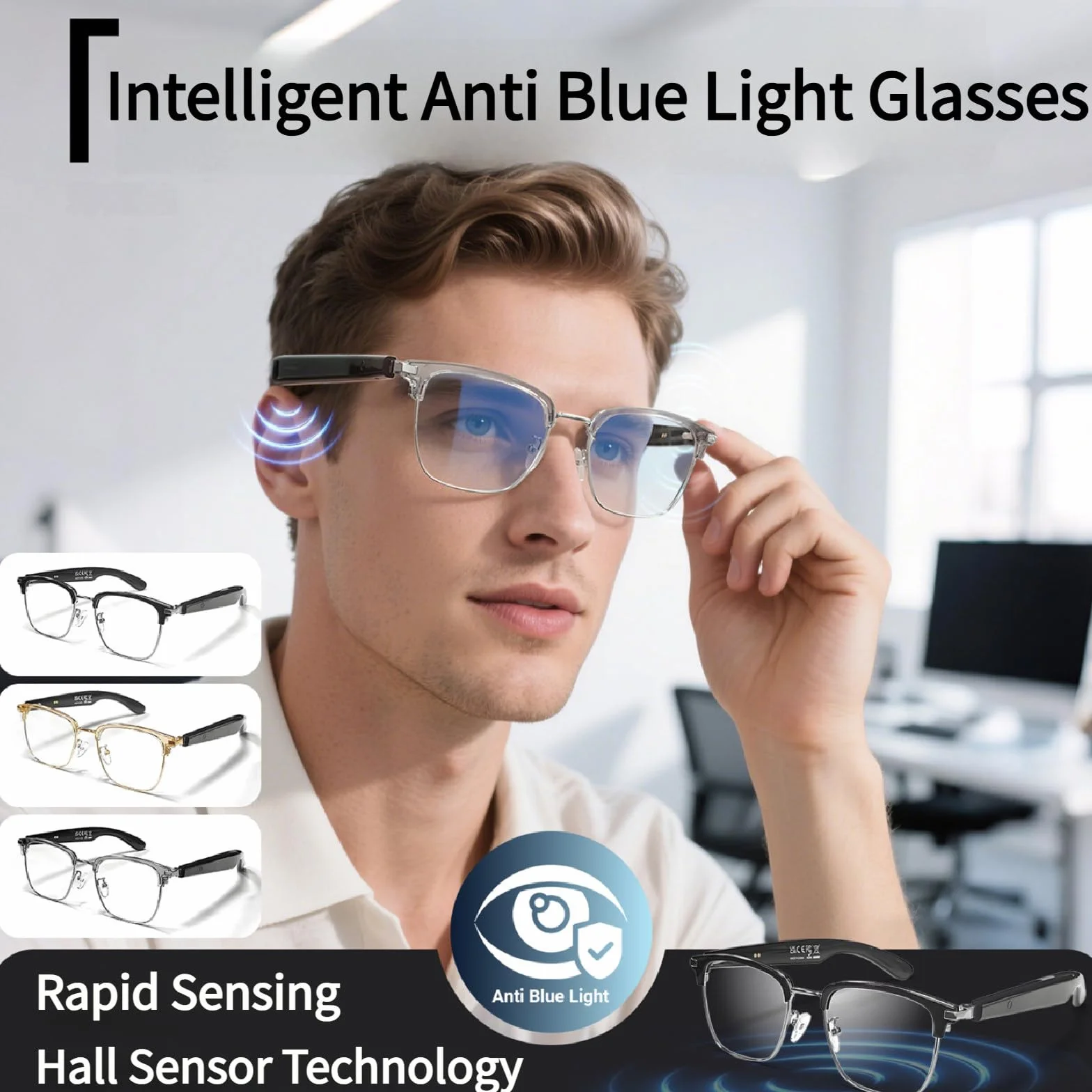 Okulary przeciwsłoneczne Bluetooth z inteligentnym systemem AI i blokadą niebieskiego światła dla mężczyzn i kobiet, automatyczne włączanie i wyłączanie,Gold-Black