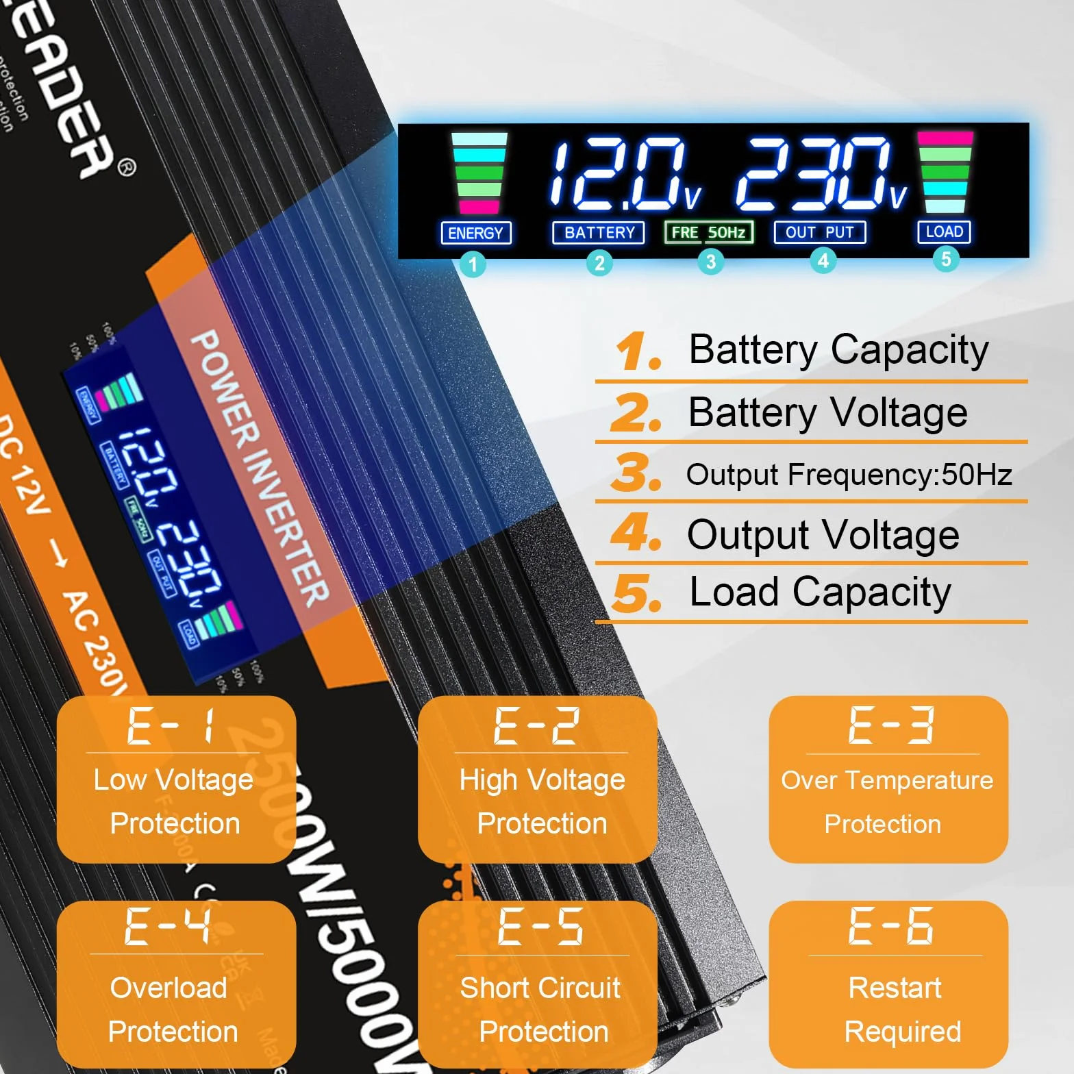 Yinleader Falownik 12 V 230 V 2500 W konwerter mocy z wyświetlaczem LCD 2 gniazda AC do paneli słonecznych samochodów RV
