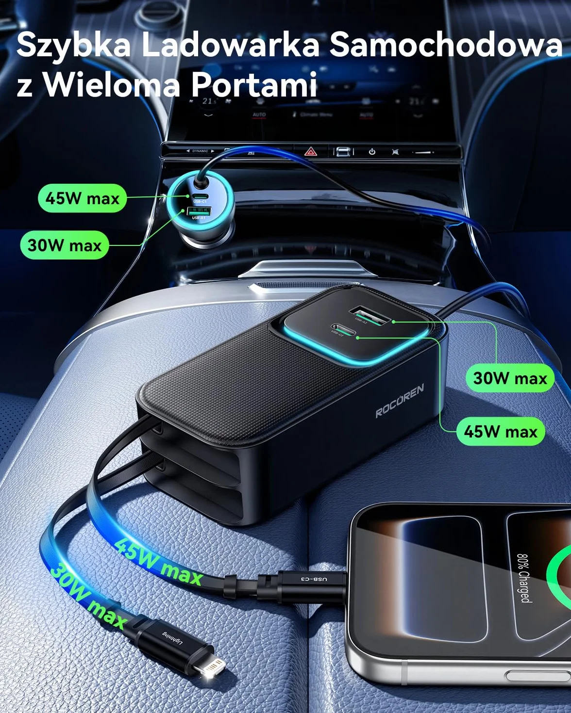 Rocoren Ładowarka samochodowa 6 w 1, USB 135 W, wysuwany adapter do szybkiego ładowania, 12 V-24 V, akcesoria samochodowe do wnętrza z kablem 1,5 m, na kemping, do kampera, podróży, gadżet do laptopa
