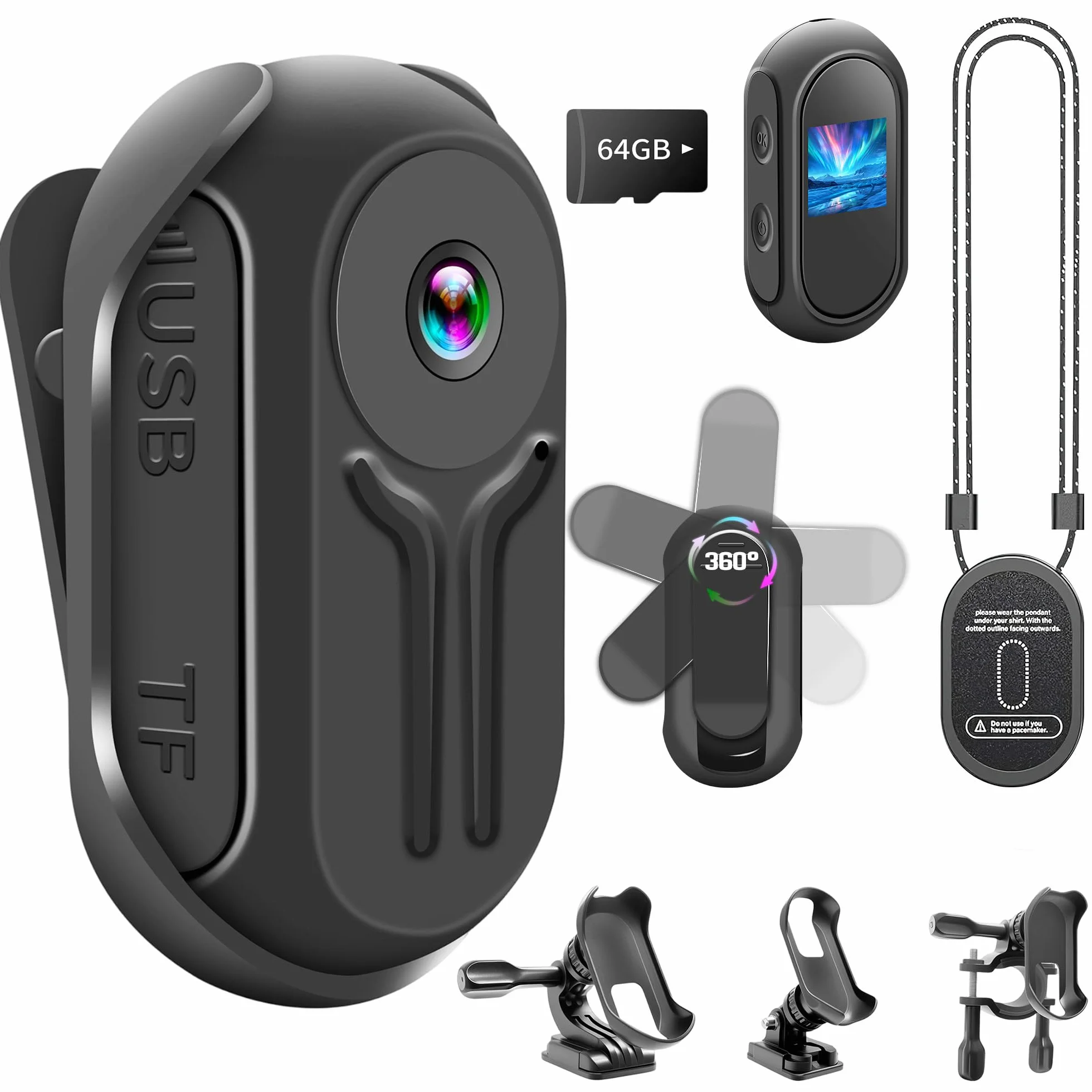 Mini kamera sportowa 1080p z kartą 64 GB | Kamera motocyklowa z szerokim kątem 120°, kamera sportowa z magnetycznym klipsem, kamera do kasku, roweru, vlogowania