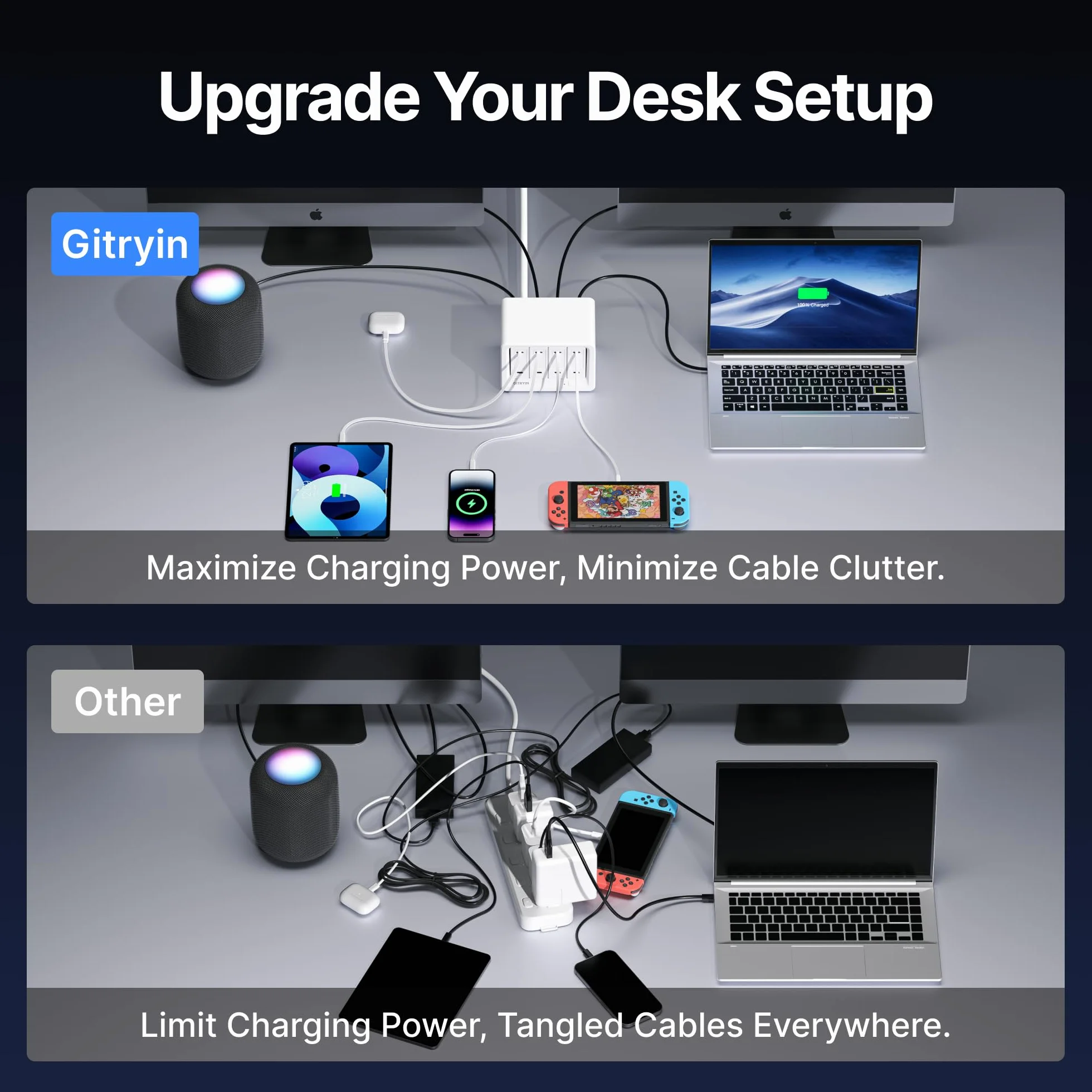 Gitryin Stacja ładująca 12 w 1 z 3 wysuwanymi ładowarkami typu C i 1 ładowarką Lightning, 40 W USB-C z kablem 80 cm, przedłużacz z zabezpieczeniem przed
