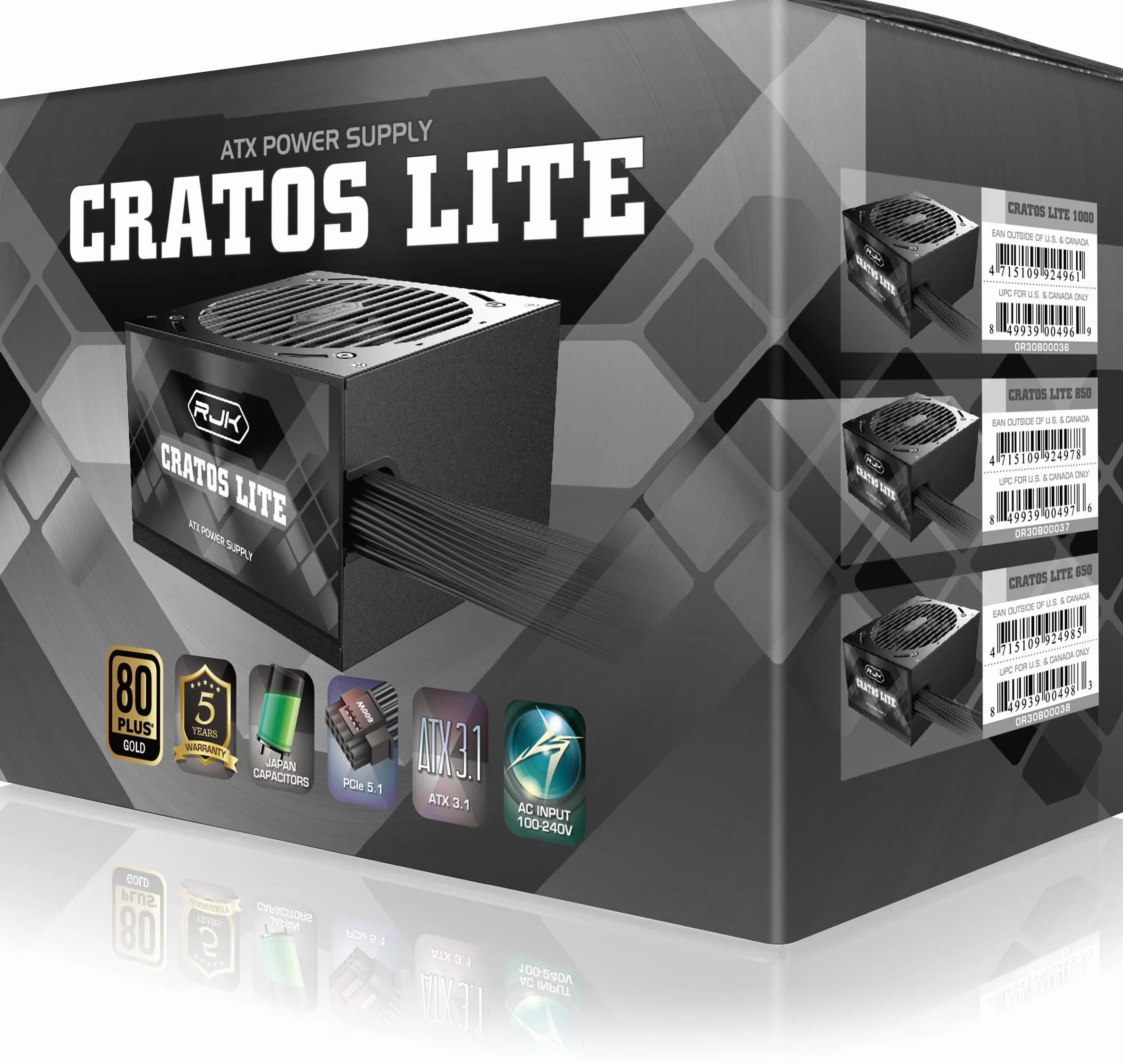 RAIJINTEK CRATOS Lite 850 W Black, 80 Plus Gold, ATX 3.1, niemodułowy zasilacz PC, PCIe 5.1 Ready, 120 mm Smart Fan, DC-to-DC, złącze 12 V-2 × 6, 5 lat