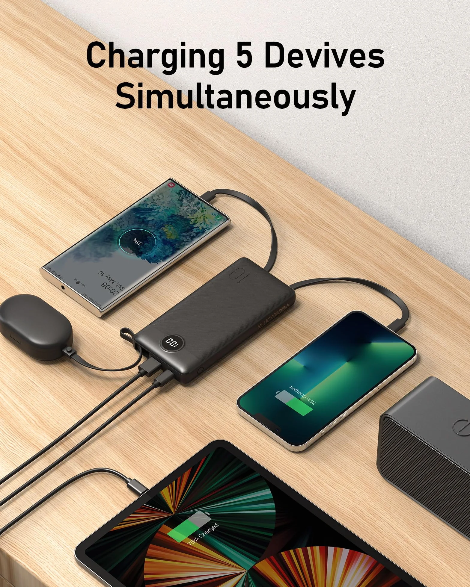 VEEKTOMX Power Bank 10000mAh Powerbank z wbudowanymi kablami, przenośna ładowarka USB C 2.4A szybkie ładowanie przenośna ładowarka z 5 wyjściami i wyświetlaczem LED do iPhone'a 15 pro/iPad/Galaxy S22
