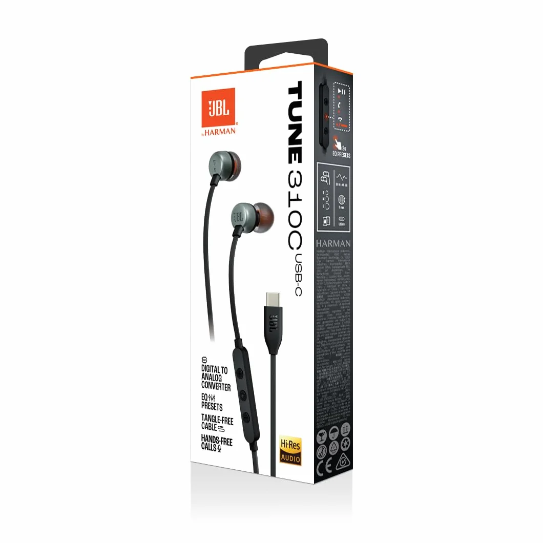 JBL Tune 310 C Przewodowe Słuchawki Douszne Hi-Res z Mikrofonem, Czarny