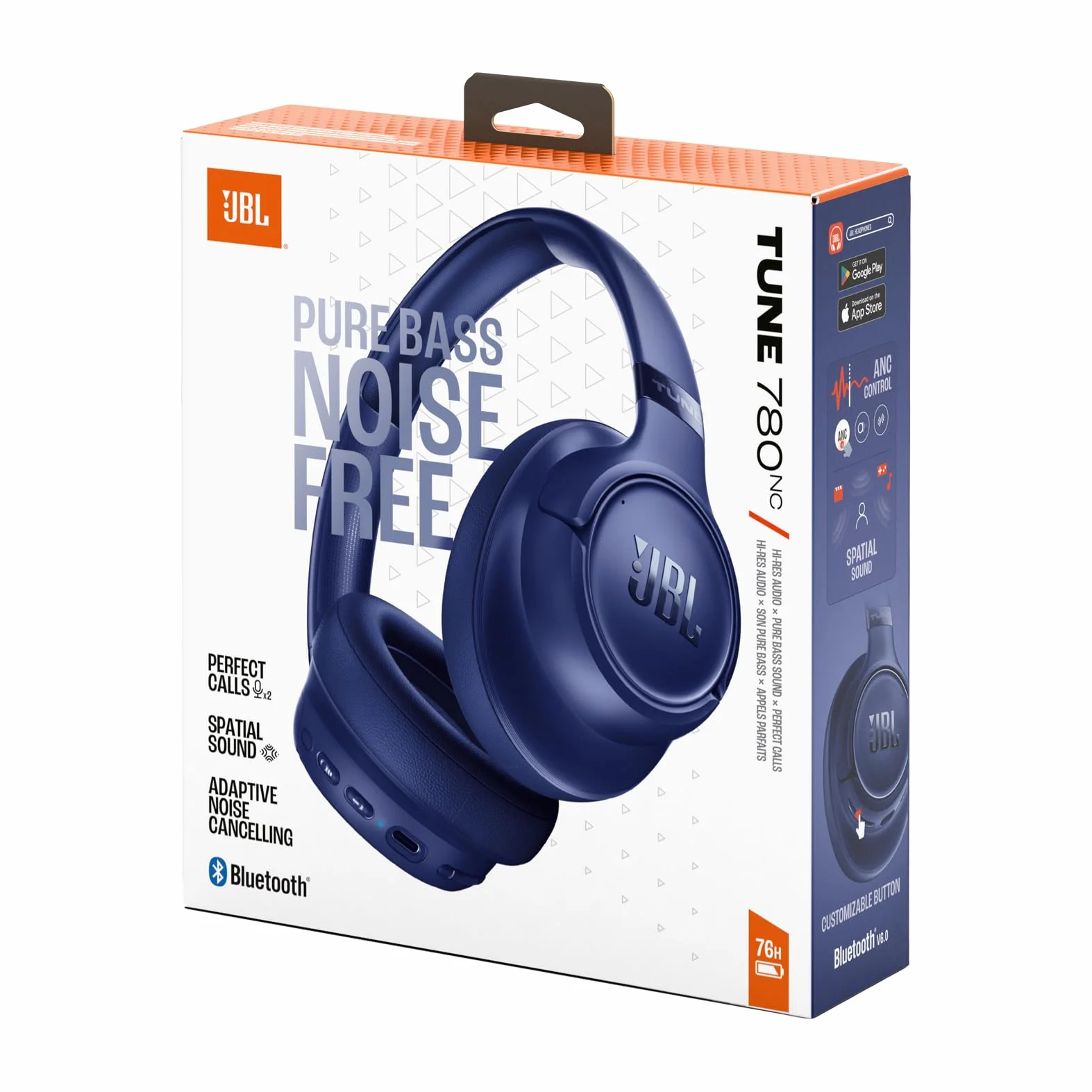 JBL Tune 780 NC Bezprzewodowe Słuchawki Nauszne z Adaptacyjną Redukcją Hałasu, Bluetooth 6.0, z Szybkim Ładowaniem, 76 h Odtwarzania na Baterii, Google Fast Pair i Microsoft Swift Pair, niebieski