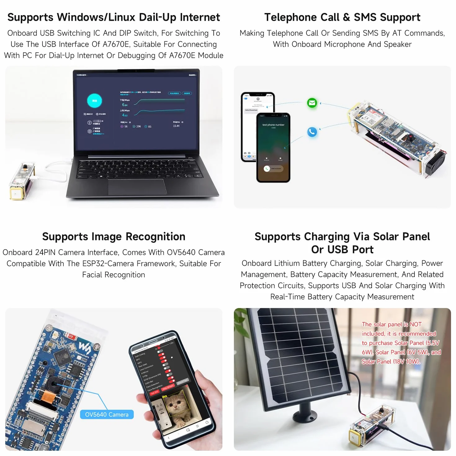 Waveshare ESP32-S3 A7670E 4G Development Board, with Camera/Speaker/Antenna | LTE Cat-1/2G/WiFi/BT/Telephone Call/SMS/GNSS Positioning Support, For 4G Portable WiFi
