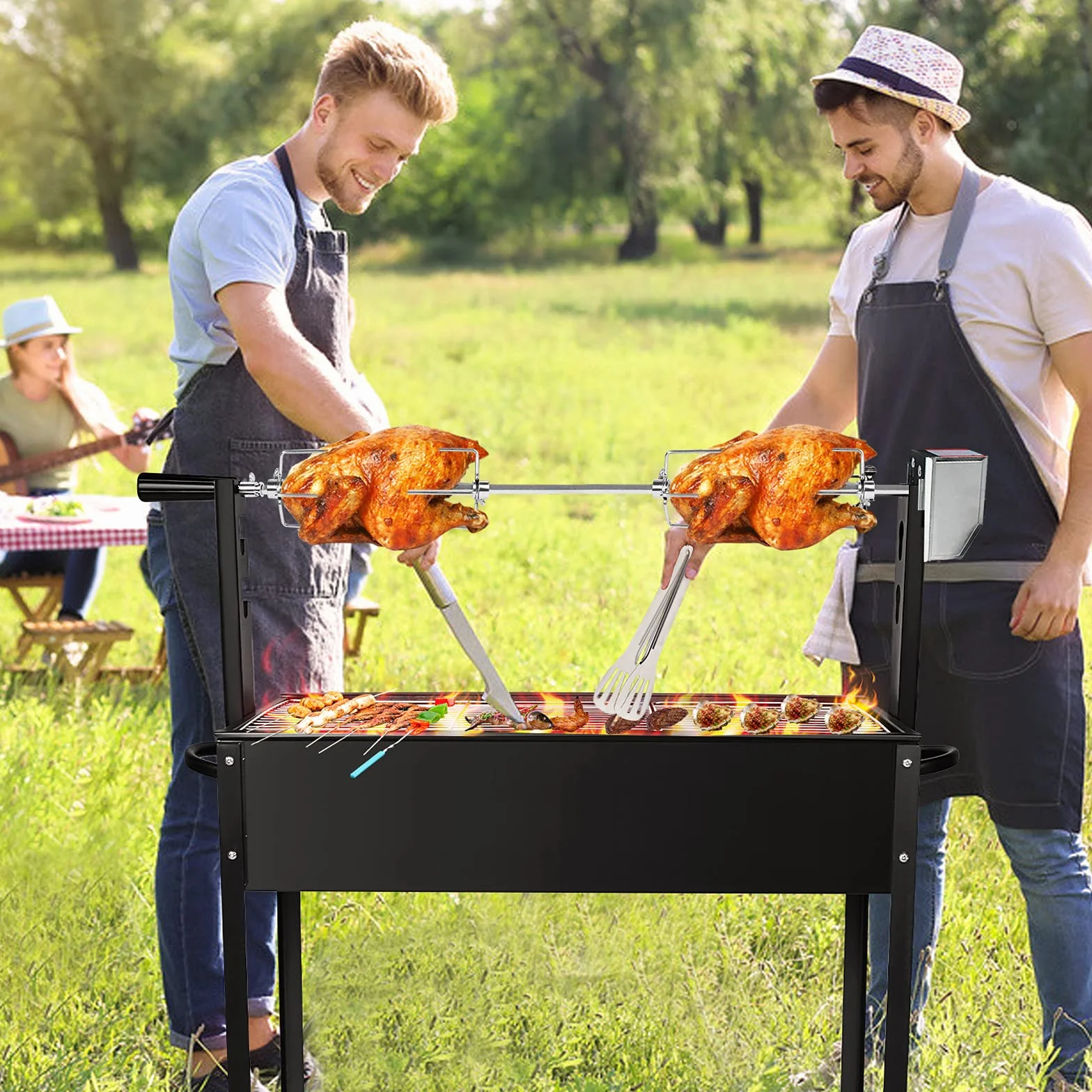 Rotisserie rożen do grilla gazowego, 107 cm, ze stali nierdzewnej, z 4 igłami do mięsa, uniwersalne zastosowanie, silnik elektryczny 220 V – 240 V, do grilla gazowego