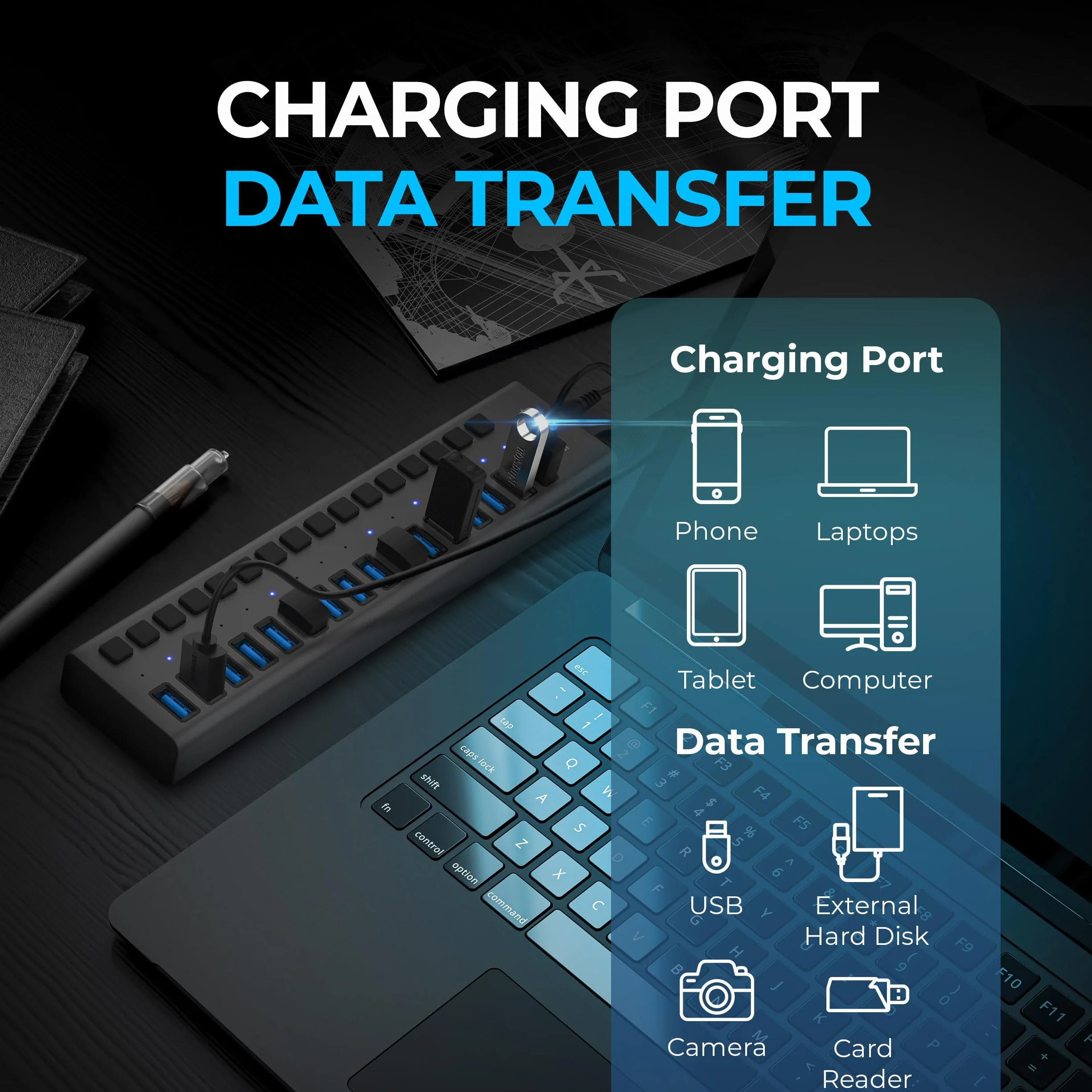 SABRENT Zasilany koncentrator USB, 16-portowa stacja dokująca USB 3.2 z indywidualnymi przełącznikami i diodami LED, koncentrator szybkiego ładowania i szybkiego ładowania 90 W, uchwyt montażowy w