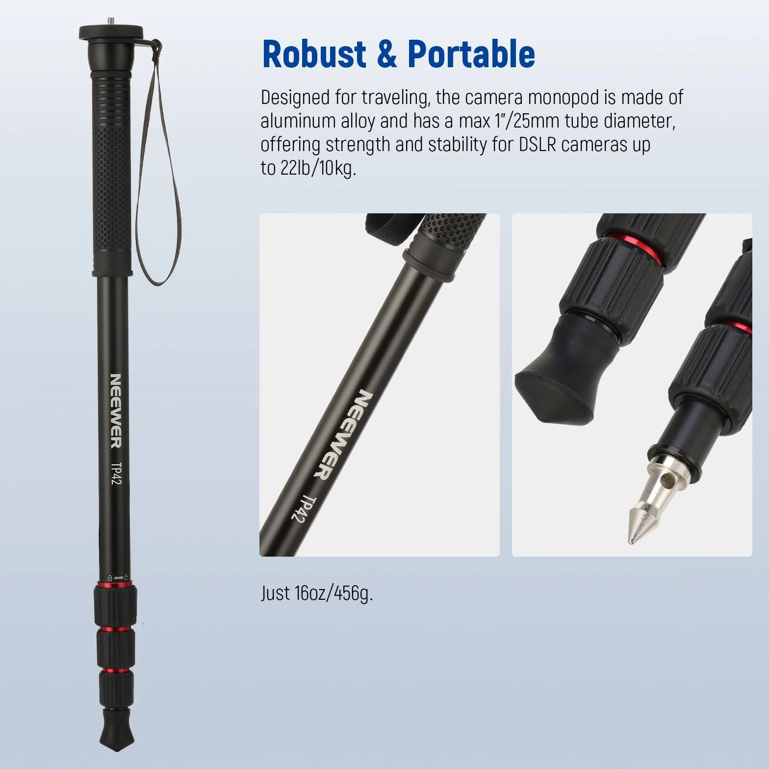 NEEWER Stojak monopod na aparat 168.9 cm, lekki aluminiowy monopod podróżny do lustrzanki cyfrowej, fotografii i nagrywania wideo, adapter śrubowy 1/10.2 cm i 3/20.3 cm, kij trekkingowy, maksymalne