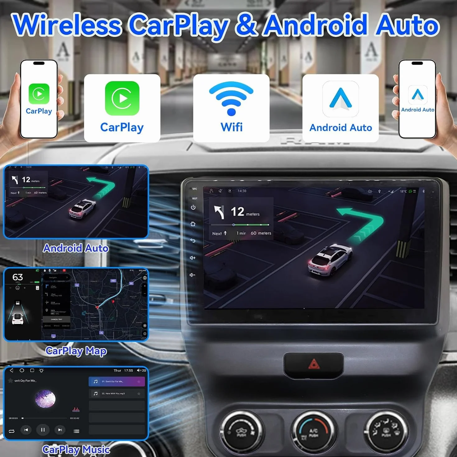 Android 15 9calowy ekran dotykowy radio samochodowe do Dodge Ram 2019-2024 | Bezprzewodowy CarPlay WiFi Bluetooth EQ Audio Android Auto AM/FM Nawigacja GPS AHD Kamera cofania mikrofon