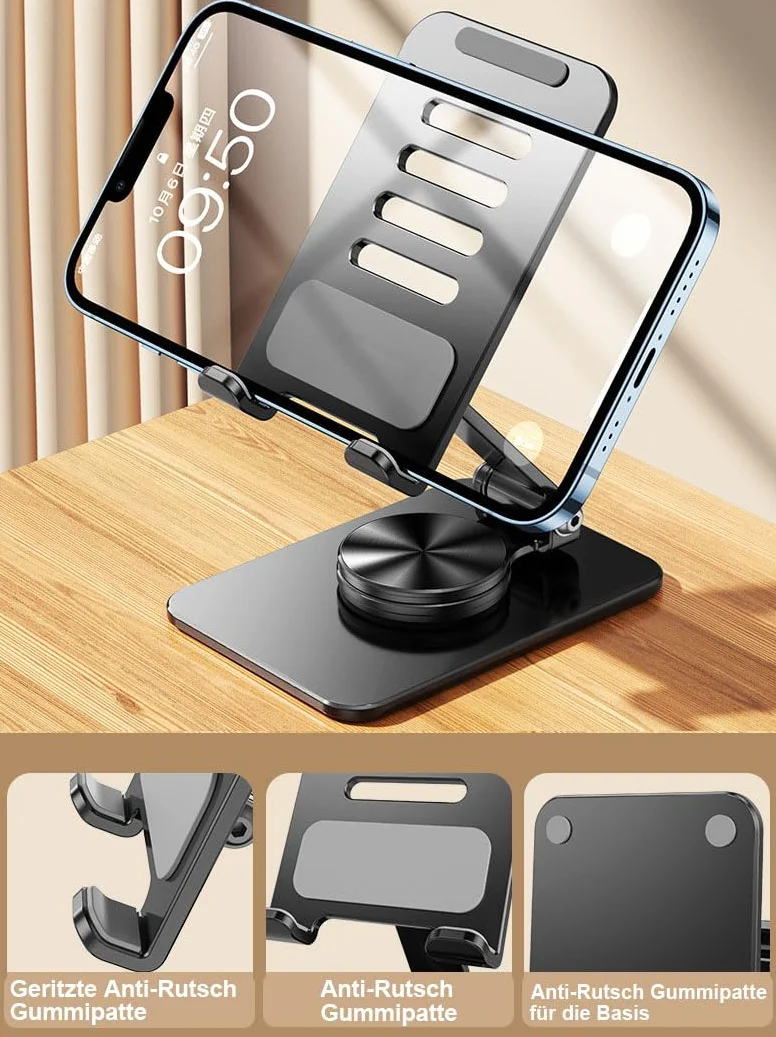 Obrotowy stojak na telefon komórkowy o 360°, składany uchwyt na telefon komórkowy, regulowany, lakierowany metalowy stojak na telefon komórkowy, regulowany stojak na biurko do smartfonów