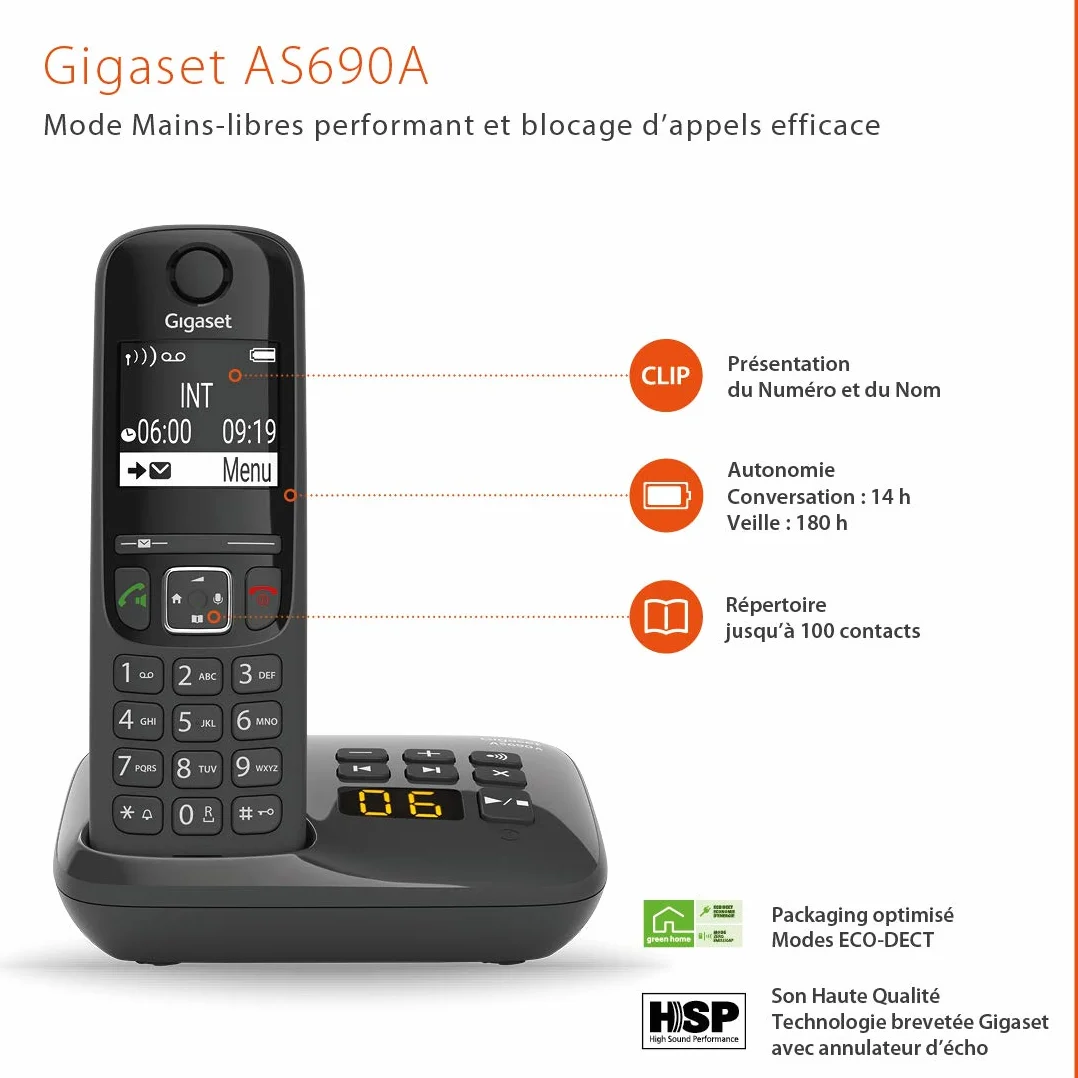 Telefono fisso AS690 A Duo Nero - GIGASET - Segreteria telefonica da 20 minuti - Vivavoce potente - Display ultra-leggibile