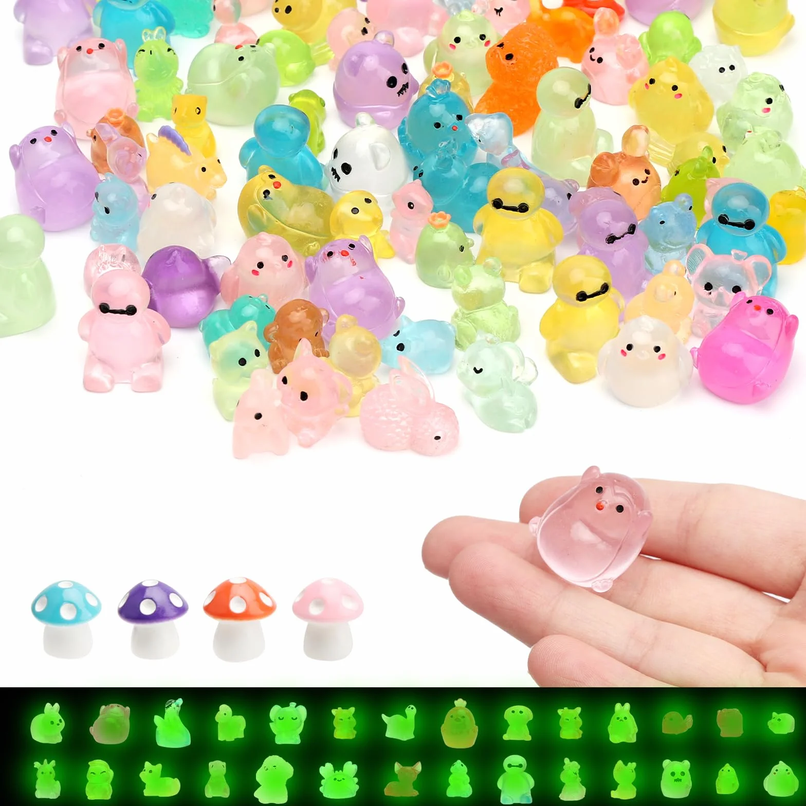 APOMOONS 130 sztuk mini zwierząt z żywicy, świecące figurki do dekoracji miniaturowych ogrodów