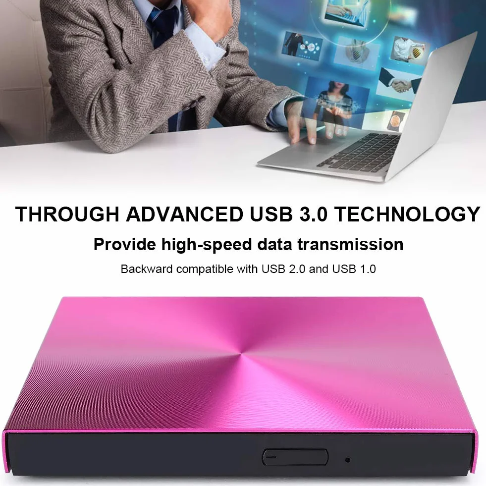Zewnętrzny napęd optyczny Ccylez, przenośny napęd CD/DVD +/- RW USB 3.0 Cienka nagrywarka DVD/CD z nagrywarką, napęd DVD-RW do laptopa Desktop (róża)
