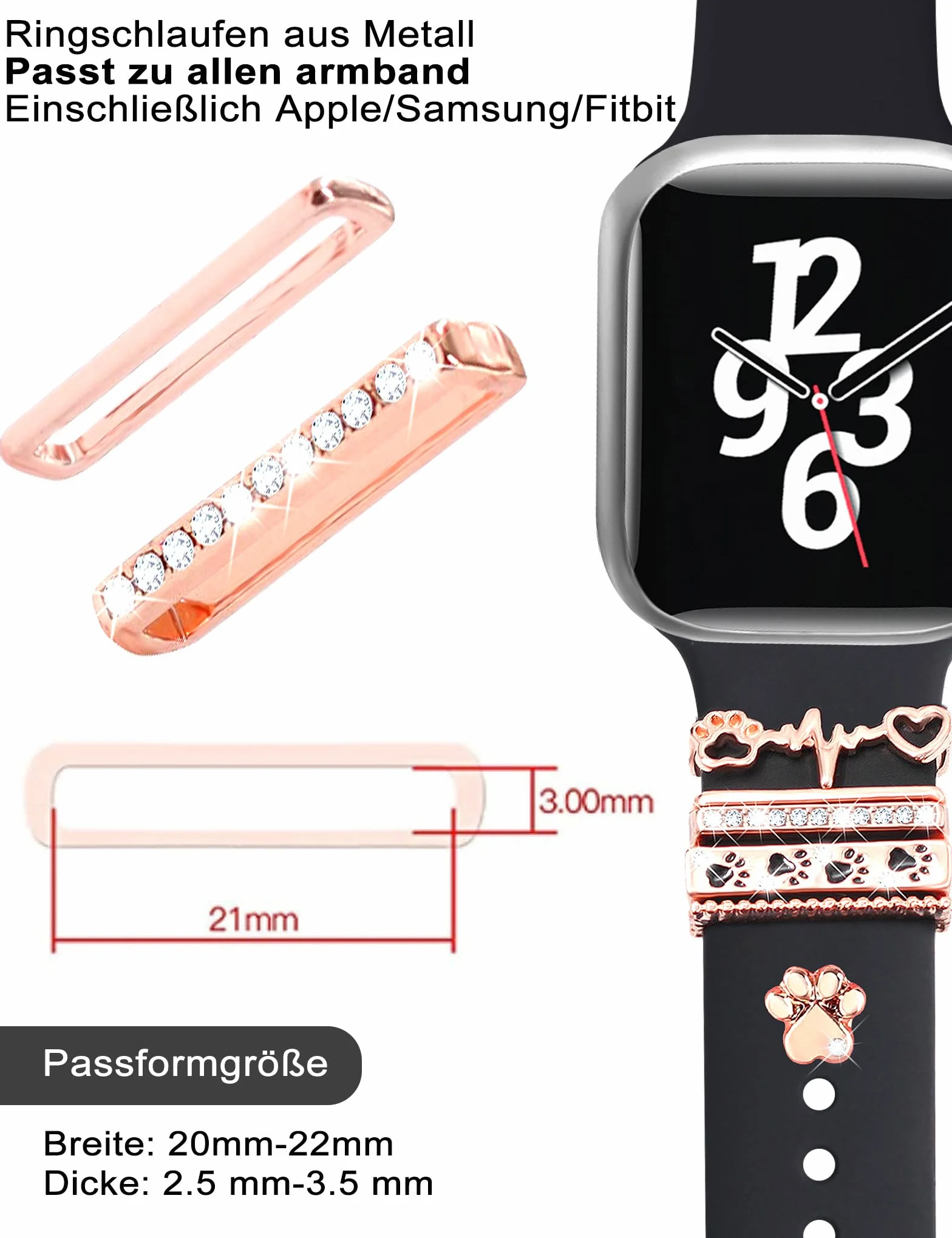 Super błyszczące zawieszki do zegarków z ozdobnymi pierścieniami, kompatybilne z paskiem Apple Watch, metalowe diamentowe akcesoria przesuwne