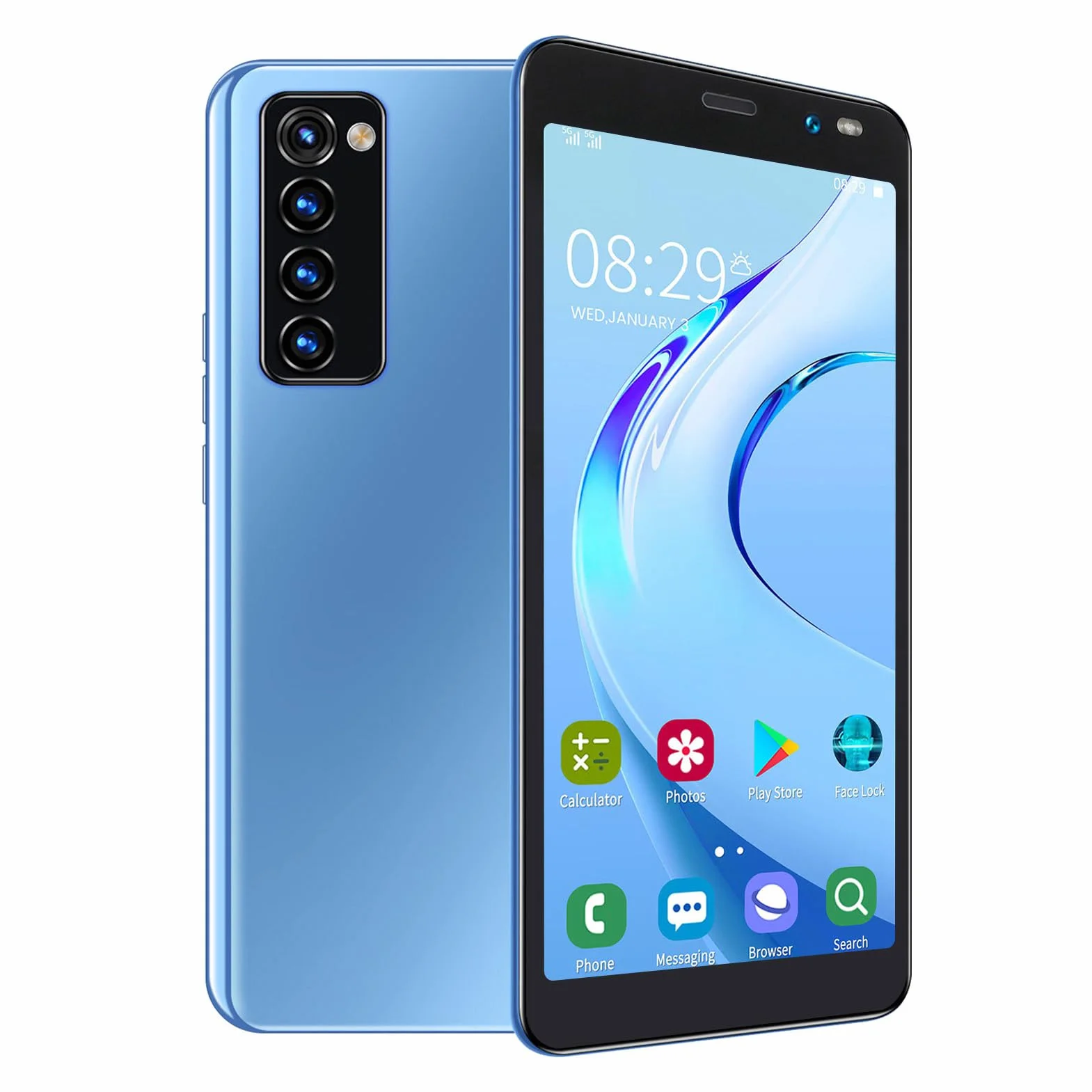 Rino4 Pro Smartfon, 5,45-calowy Pełnoekranowy HD MTK6572 Dwurdzeniowy Procesor Face Unlock, Wi-Fi, BT, FM Podwójne Karty Smartfon Z Podwójnym Trybem Gotowości Dla Androida 4.4.2(Niebieski)