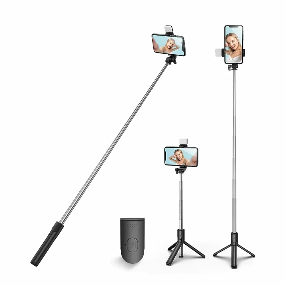 XIHAMA Statyw do selfie ze światłem wypełniającym - stabilny stojak na statyw z odłączanym bezprzewodowym pilotem kompatybilny ze smartfonami iPhone 15 Pro Max/15 Plus/14/13, Samsung, LG, Google