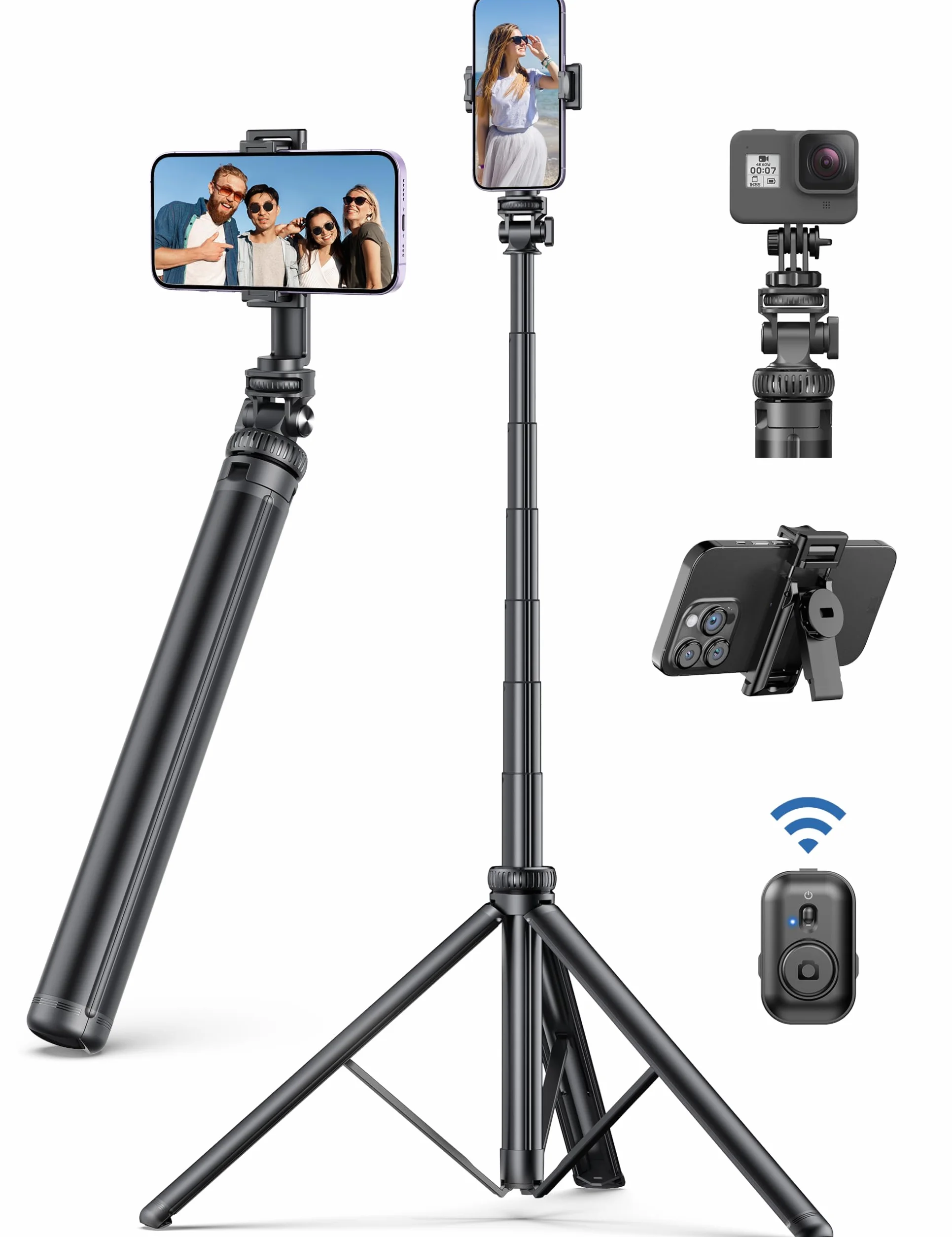 Statyw do telefonu komórkowego 190 cm, statyw selfie do smartfona, aluminiowe pręty, stabilny uchwyt statywowy do telefonu komórkowego z pilotem zdalnego zwalniania kompatybilny z iPhone'em/Galaxy