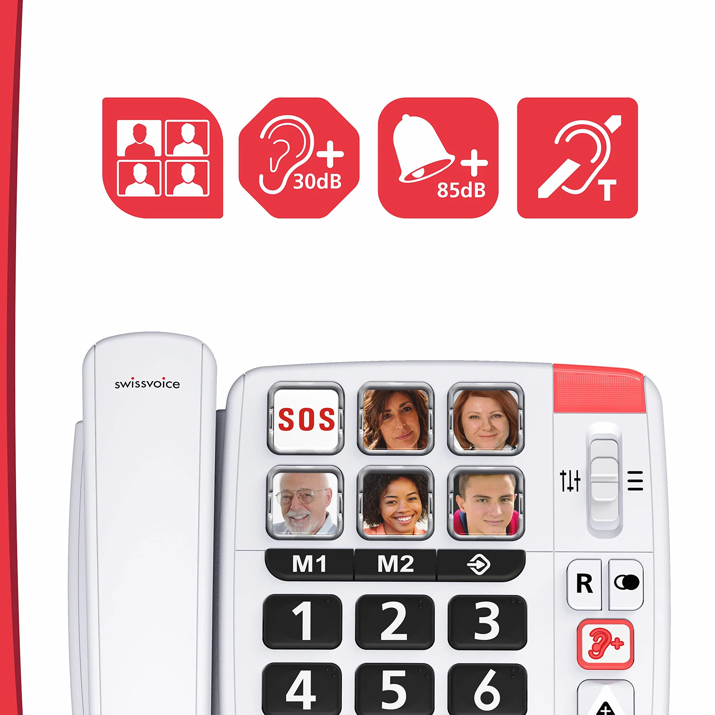 Swissvoice Xtra 1110 telefon przewodowy z bardzo dużymi przyciskami, sześć przycisków bezpośredniego wyboru zdjęć, głośne dzwonki, kompatybilny z aparatami słuchowymi